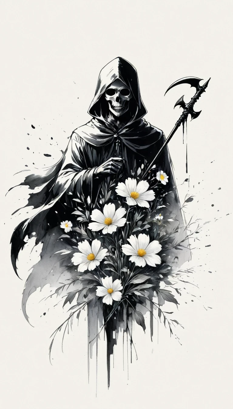 (Anime line drawing:1.5)，grim Reaper，(Black and White:1.45)，Minimalism，(Line Art:1.6)，sketch，charcoal drawing，Black Grim Reaper，flower，Ominous Red，Blood splatter