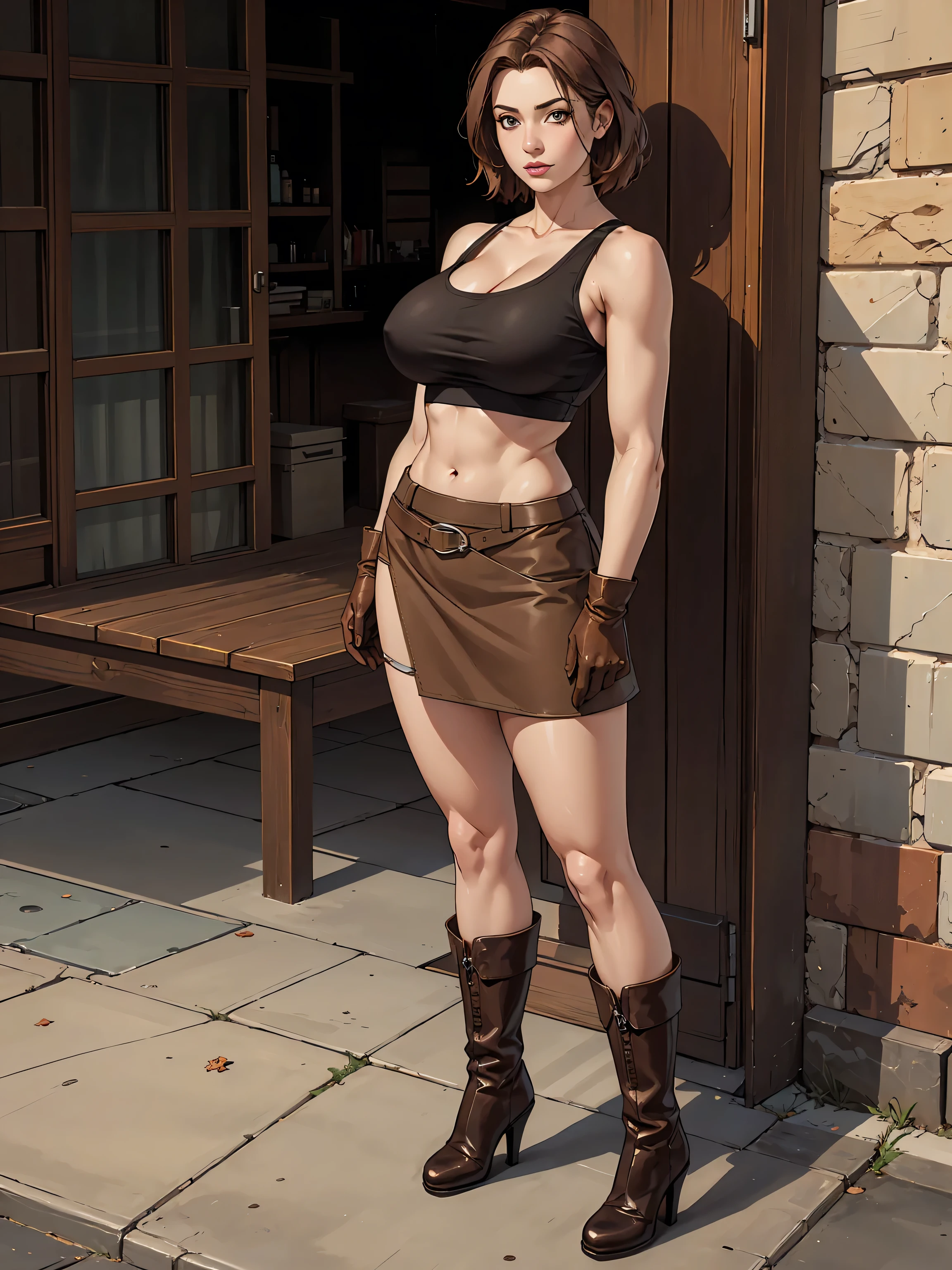 Full body, realistic, (1 beautiful woman, solo: 1.1), big breasts, brown hair, brown crop top, brown skirt, brown gloves, brown high heel boots