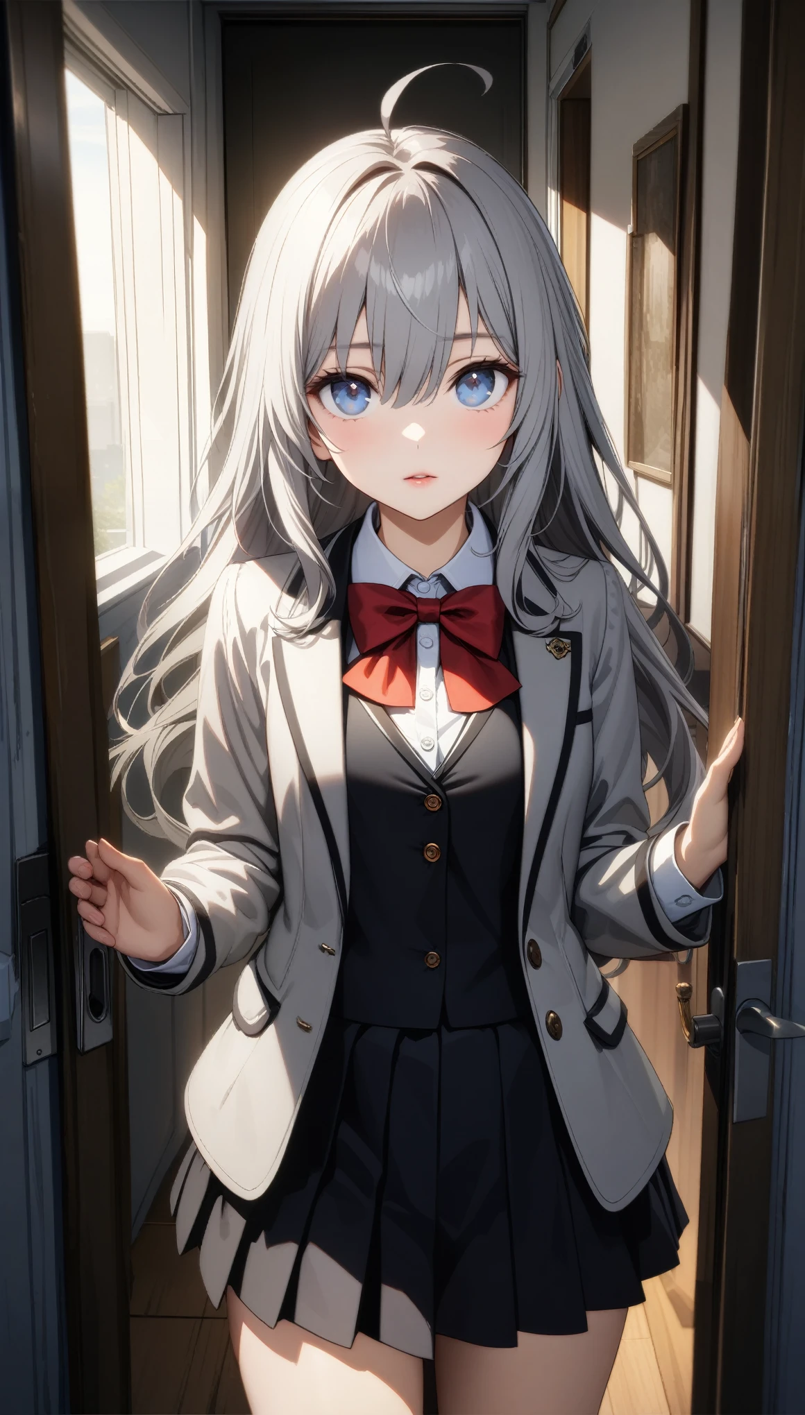 32k, best quality, ultra high res, HDR, UHD, extremely detailed CG, unity 32k wallpaper, Aria, One girl, alone, Long Hair, blue eyes, Ahoge, bow, View Viewer, red bow, Jacket, bowtie, Long sleeve, chest, shirt, open Jacket, red bowtie, door, Cowboy Shot, collared shirt, indoors, , Gray Hair, Are standing, Open clothes, skirt, bangs, dress, grey Jacket, black dress, blush, pleated skirt, Lips parted, medium chest, pleated dress, white shirt, Hair between the eyes, white Jacket, Raise your hand, blazer, black skirt, Thighs, open door, corridor,