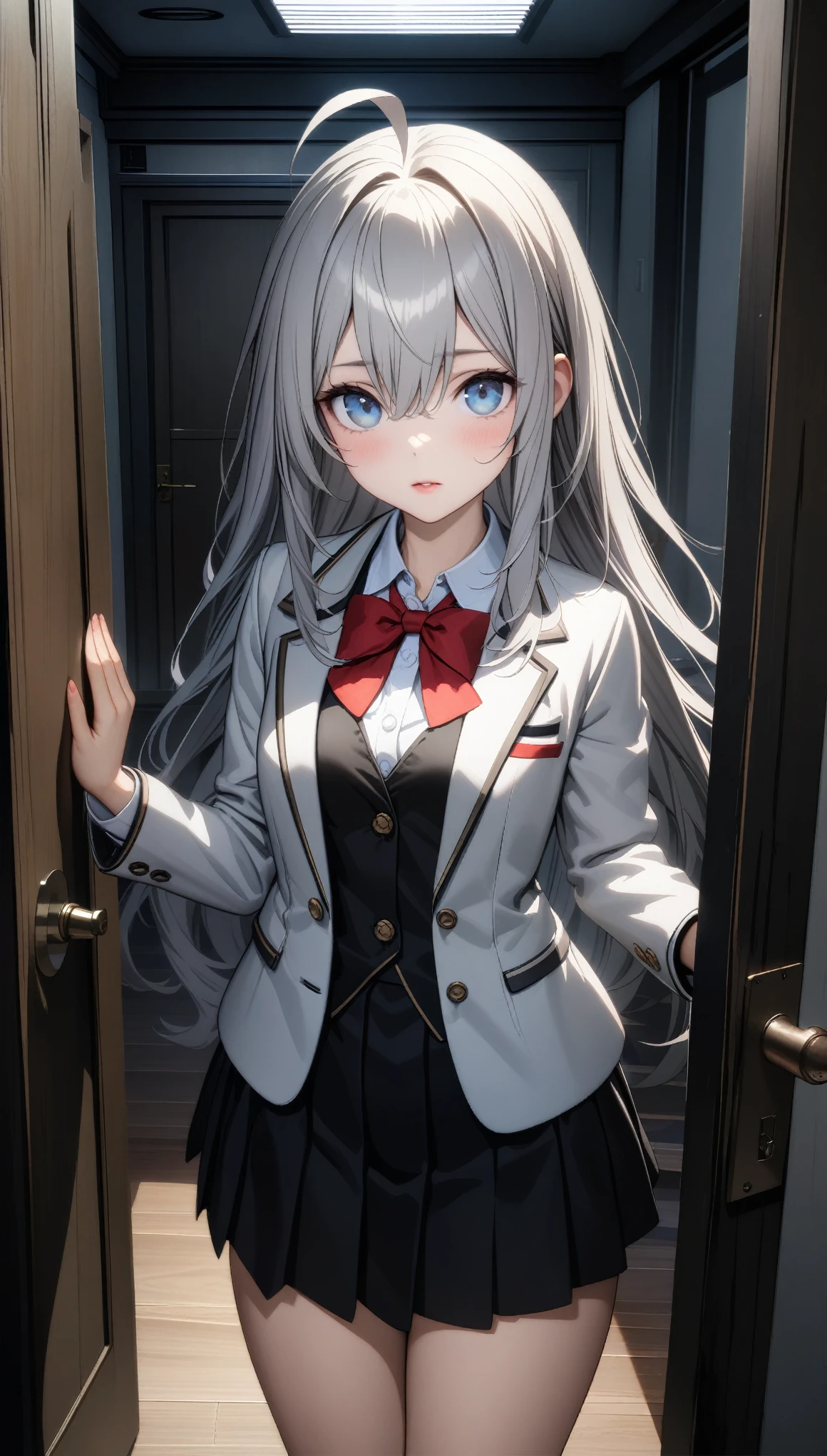 32k, best quality, ultra high res, HDR, UHD, extremely detailed CG, unity 32k wallpaper, Aria, One girl, alone, Long Hair, blue eyes, Ahoge, bow, View Viewer, red bow, Jacket, bowtie, Long sleeve, chest, shirt, open Jacket, red bowtie, door, Cowboy Shot, collared shirt, indoors, , Gray Hair, Are standing, Open clothes, skirt, bangs, dress, grey Jacket, black dress, blush, pleated skirt, Lips parted, medium chest, pleated dress, white shirt, Hair between the eyes, white Jacket, Raise your hand, blazer, black skirt, Thighs, open door, corridor,