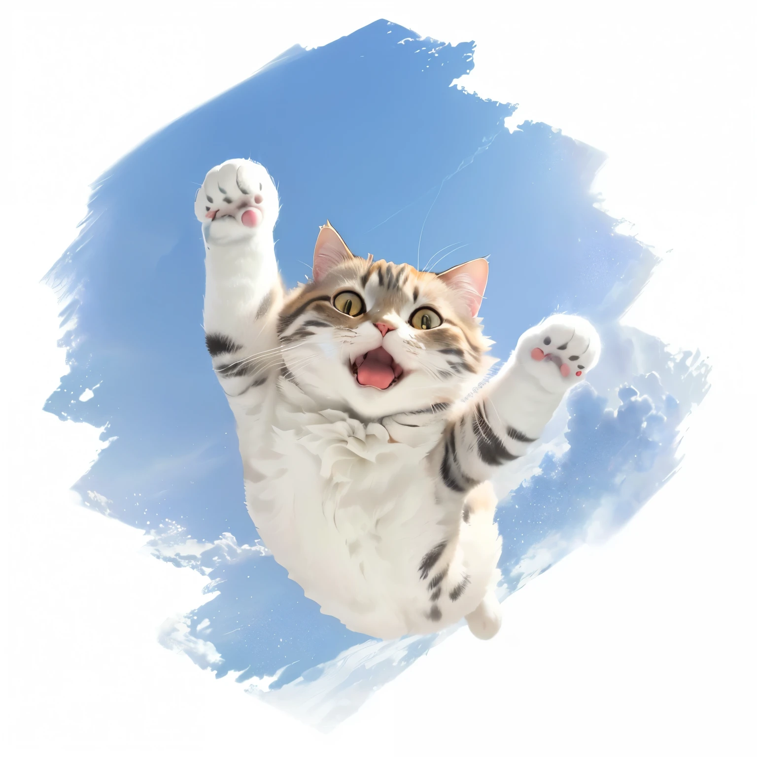 there is a Cat that is jumping up in the air, Cat is floating in air, Cat. number, happy Cat, illustration of a Cat, anthropomorphic Cat, anime Cat, realistic anime Cat, painting of a Cat, funny Cat, anime visual of a cute Cat, a painting of a Cat, !!! Cat!!!, adorable number,美国短毛Cat,Light gray embellishment