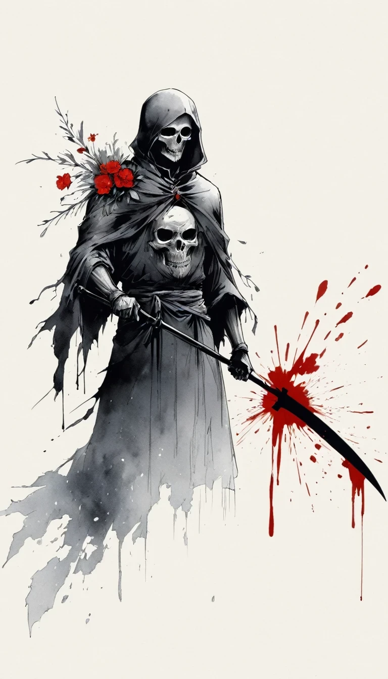 (Anime line drawing:1.5)，grim Reaper，(Black and White:1.45)，Minimalism，(Line Art:1.6)，sketch，charcoal drawing，Black Grim Reaper，flower，Ominous Red，Blood splatter