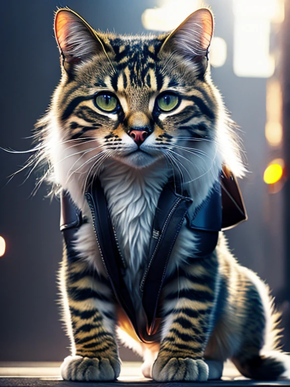 Cute wild cat with white fur stands on its hind legs, realistic fantasy in leather pants and vest , в полный рост Cinematic, 8K, HDR, ((complex parts, Hyper detailed)), (with backlight:1.3), (Cinematic:1.3), (art station:1.3)