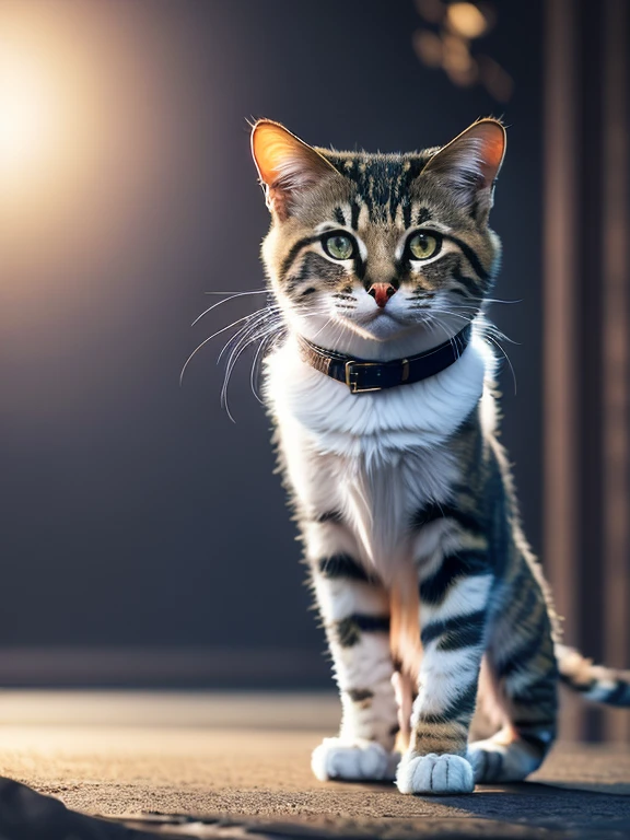 Cute wild cat with white fur stands on its hind legs, realistic fantasy in leather pants and vest , в полный рост Cinematic, 8K, HDR, ((complex parts, Hyper detailed)), (with backlight:1.3), (Cinematic:1.3), (art station:1.3)