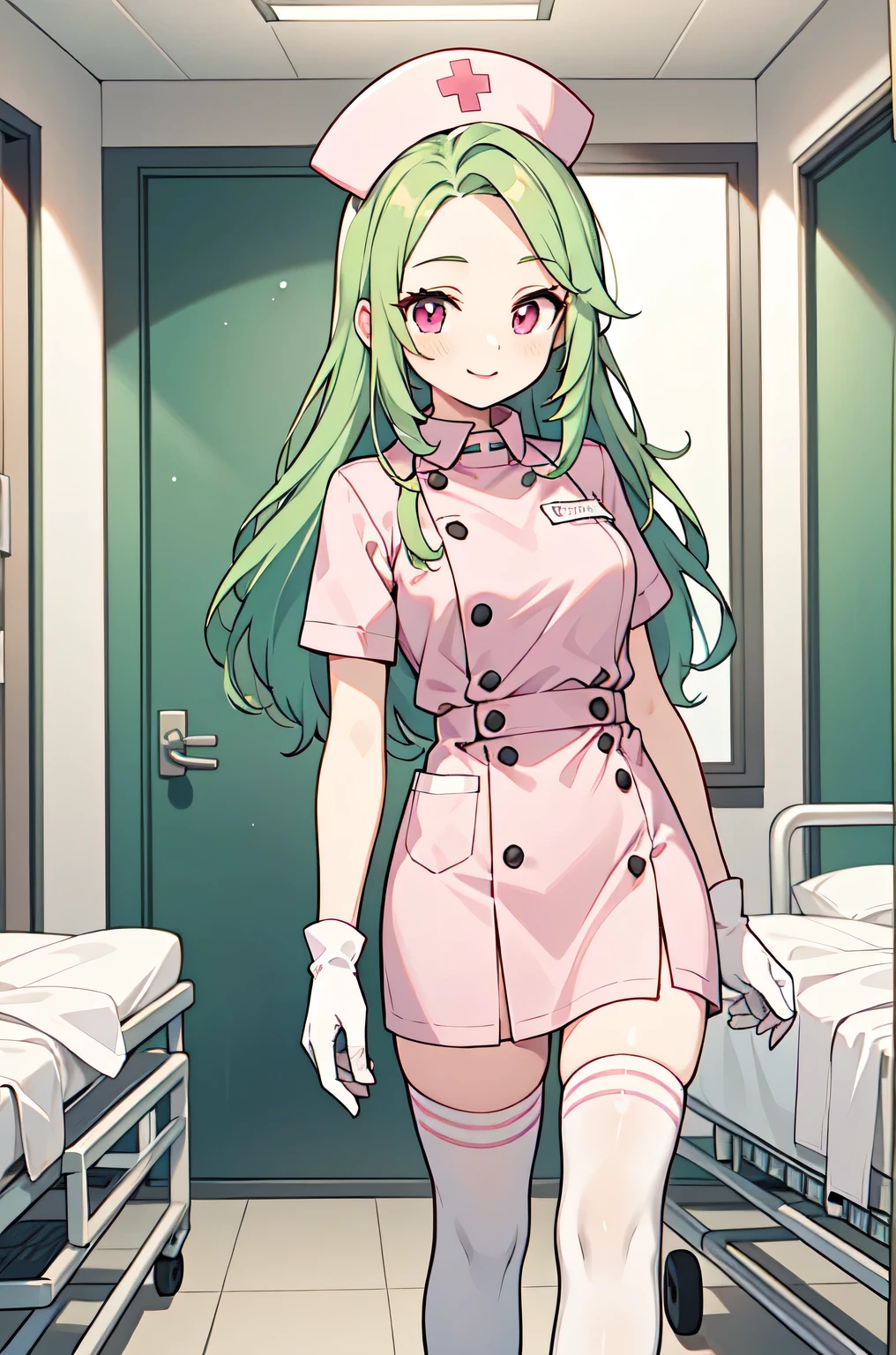 1woman, solo, nurse, white nurse cap, white nurse uniform, ((white legwear, zettai ryouiki)), white gloves, forehead, long hair, green hair, pink eyes, pink lips, smile, standing, ((hospital room)), sharp outline, short sleeves, mature female, 35 years old, best quality, masterpiece