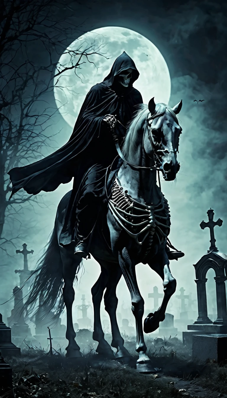Vampire Hunter D, male, pale skin, large hat, flowing black cape, black uniform, flowing black hair, large sword on his back, large black horse, graveyard background, photo-realistic, octane render, unreal engine, ultra-realistic