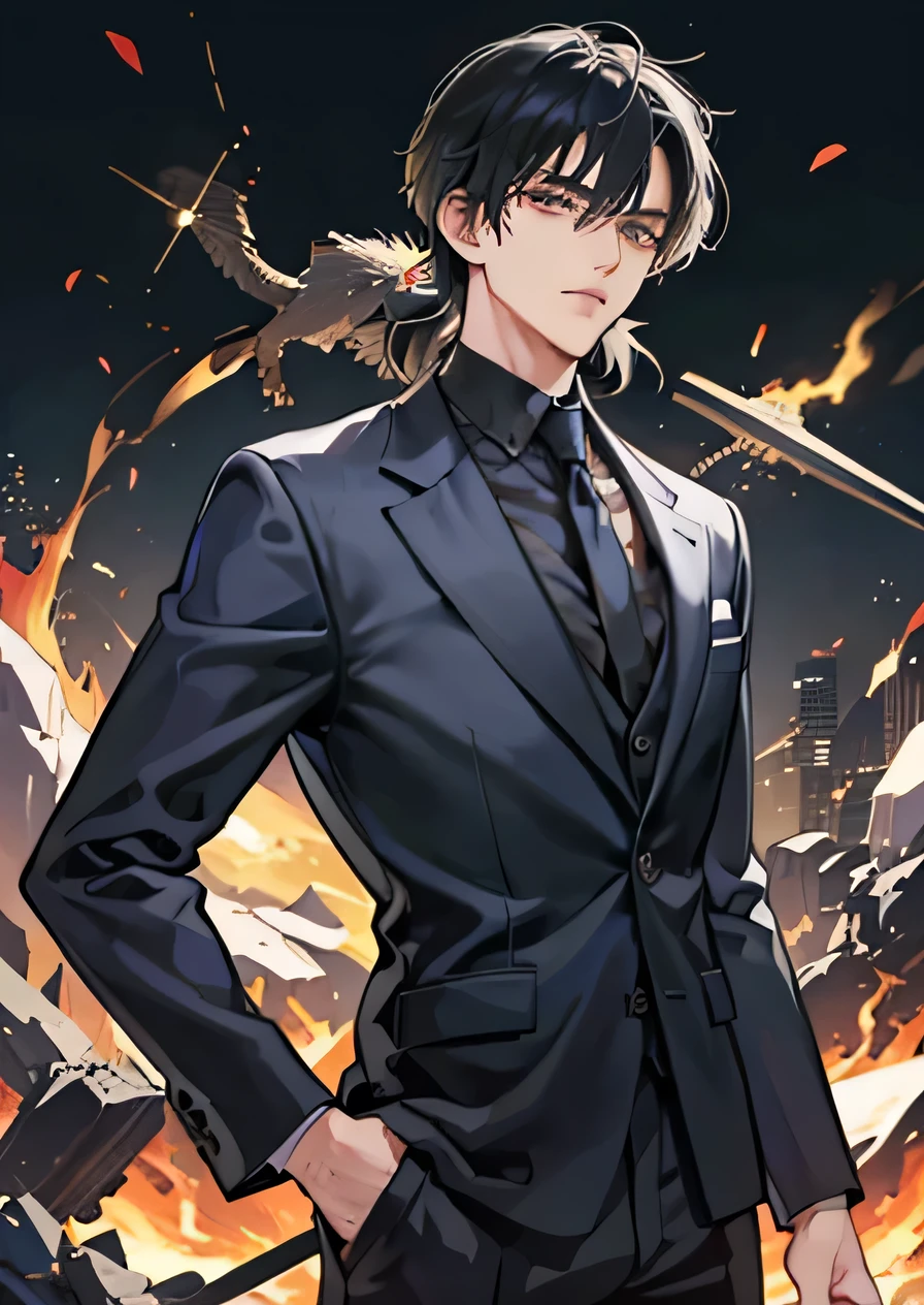 Handsome/Age 34/suit/Slanted Eyes/Black Hair/1 person/Angry face/ＭCharacter bangs/A little longer hair