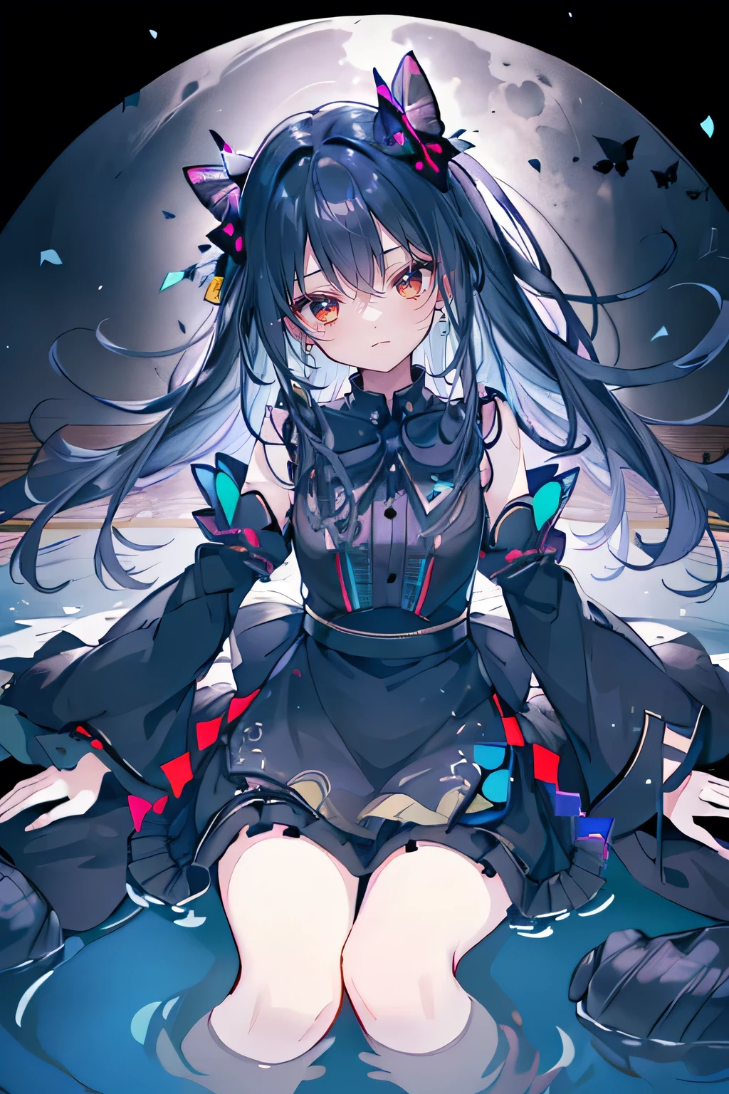 32k, Perfect body, Lovely , Lovely smile, Lovely dress, long hair, dark blue hair, Black skirt, ((Black butterfly)), ((Black butterfly hair ornament)), ((Black butterfly shaped brooch)), ((Black butterfly dress)), ((Black light particles)), (((Good quality))), ((Black Kimono)), ((Black Japanese clothing)), (((Floor on water))), ((Full Moon)),