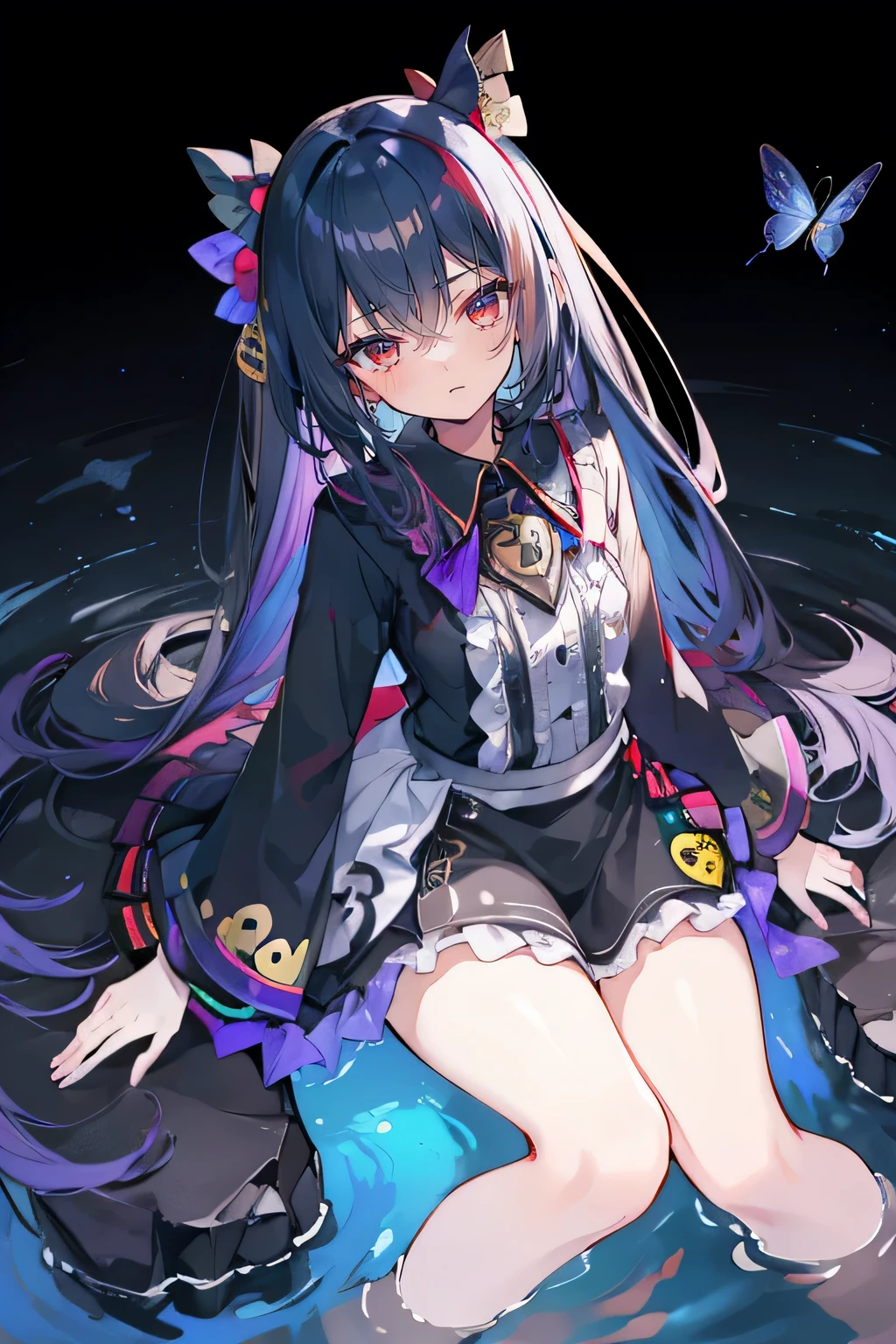 32k, Perfect body, Lovely , Lovely smile, Lovely dress, long hair, dark blue hair, Black skirt, ((Black butterfly)), ((Black butterfly hair ornament)), ((Black butterfly shaped brooch)), ((Black butterfly dress)), ((Black light particles)), (((Good quality))), ((Black Kimono)), ((Black Japanese clothing)), (((Floor on water))), ((Full Moon)),