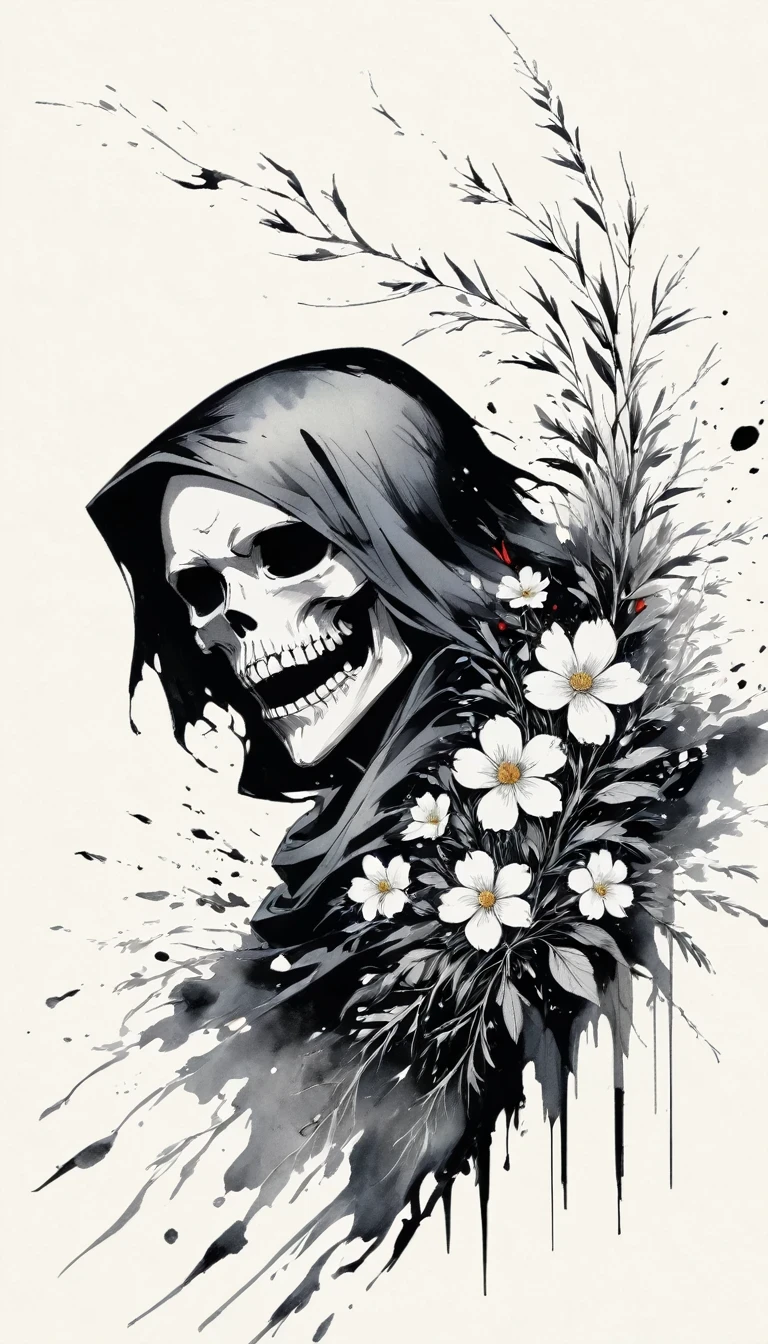 (Anime line drawing:1.5)，grim Reaper，(Black and White:1.45)，Minimalism，(Line Art:1.6)，sketch，charcoal drawing，Black Grim Reaper，flower，Ominous Red，Blood splatter