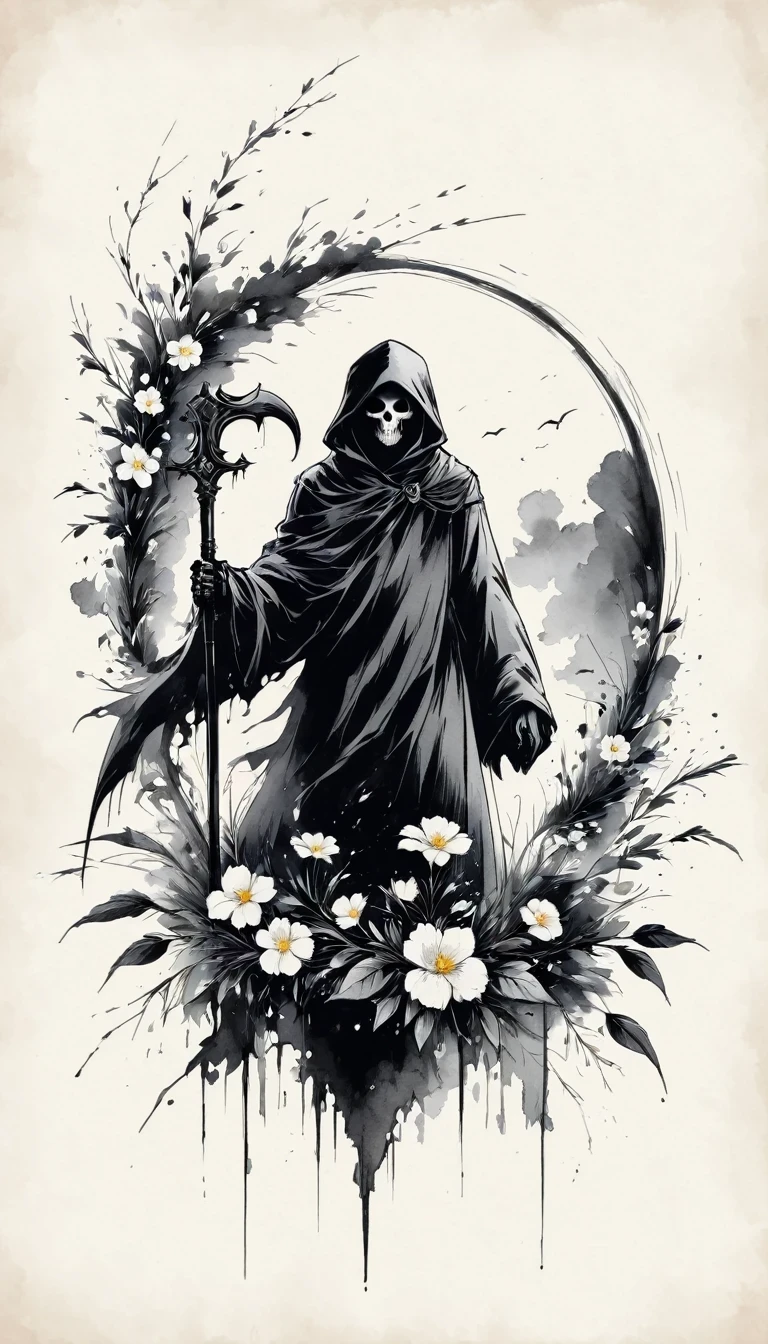 (Anime line drawing:1.5)，grim Reaper，(Black and White:1.45)，Minimalism，(Line Art:1.6)，sketch，charcoal drawing，Black Grim Reaper，flower，Ominous Red，Blood splatter