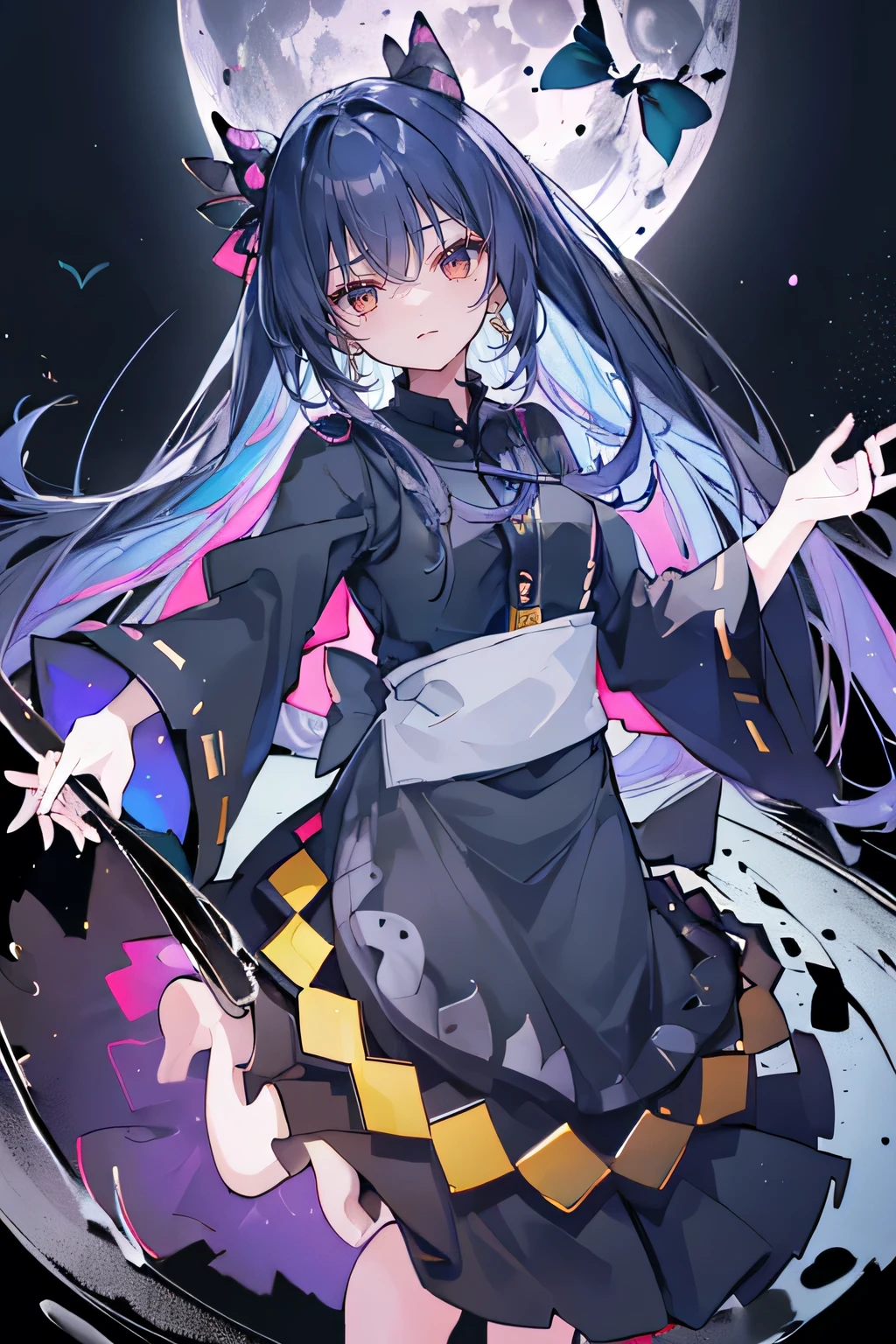 32k, Perfect body, Lovely , Lovely smile, Lovely dress, long hair, dark blue hair, Black skirt, ((Black butterfly)), ((Black butterfly hair ornament)), ((Black butterfly shaped brooch)), ((Black butterfly dress)), ((Black light particles)), (((Good quality))), ((Black Kimono)), ((Black Japanese clothing)), (((Floor on water))), ((Full Moon)),