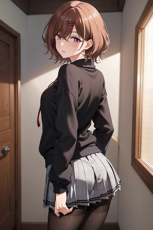 best quality, highres, 1girl, higuchi madoka, pantyhose, skirt, brown hair, mole under eye, mole, hair ornament, hairclip, pleated skirt, short hair,, long sleeves, bangs, sweater, miniskirt, black sweater, black pantyhose, looking back:1.2, bent over:1.2, ass:1.2, show panties:1.2, grey skirt, collared shirt, purple eyes, cowboy shot,