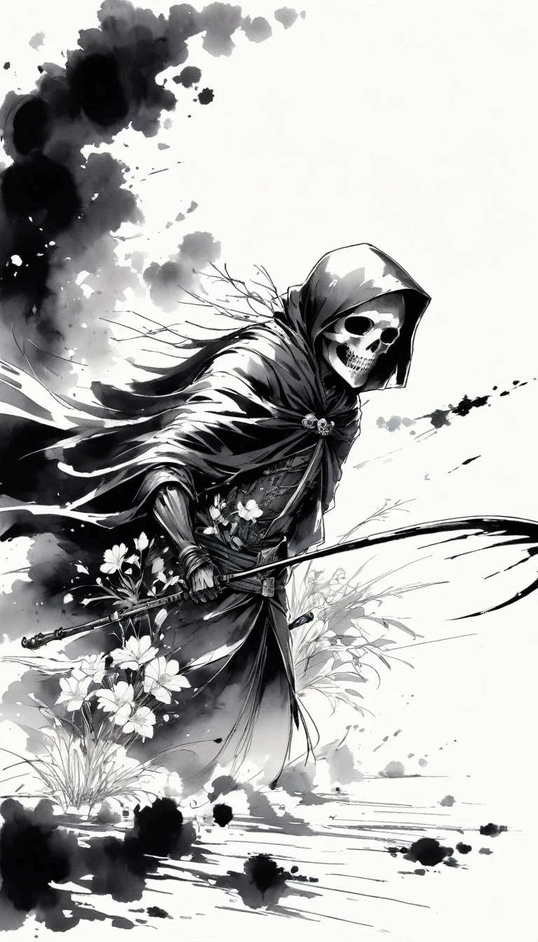 (Anime line drawing:1.5)，grim Reaper，(Black and White:1.45)，Minimalism，(Line Art:1.6)，sketch，charcoal drawing，Black Grim Reaper，flower，Ominous Red，Blood splatter