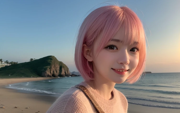 highest quality, shape, Very detailed, finely, High resolution, 8k wallpaper, 完璧なダイナミックな構shape, finelyて美しい目, Wearing a pale pink knit,Medium Hair,Natural color lip, smile,Harajuku、Girls in their 20s、cute、Looking into the camera、Pink Hair、The background is the coast at sunset、Taiwanese woman、fine