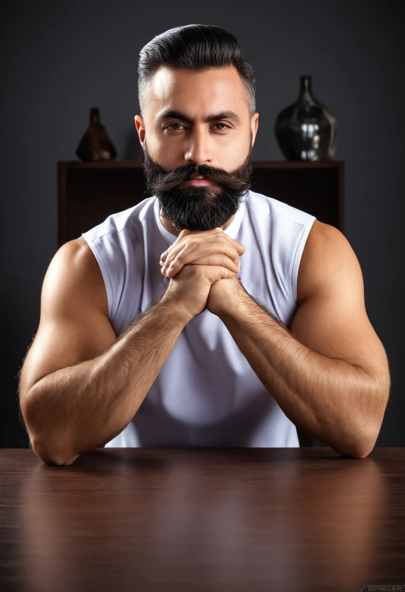 Homem de terno, com barba, especialista em relacionamento, sitting behind a table, arms on the table, interlaced fingers