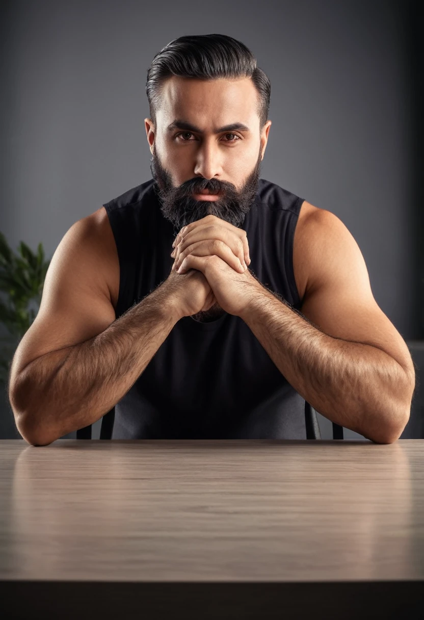 Homem de terno, com barba, especialista em relacionamento, sitting behind a table, arms on the table, interlaced fingers