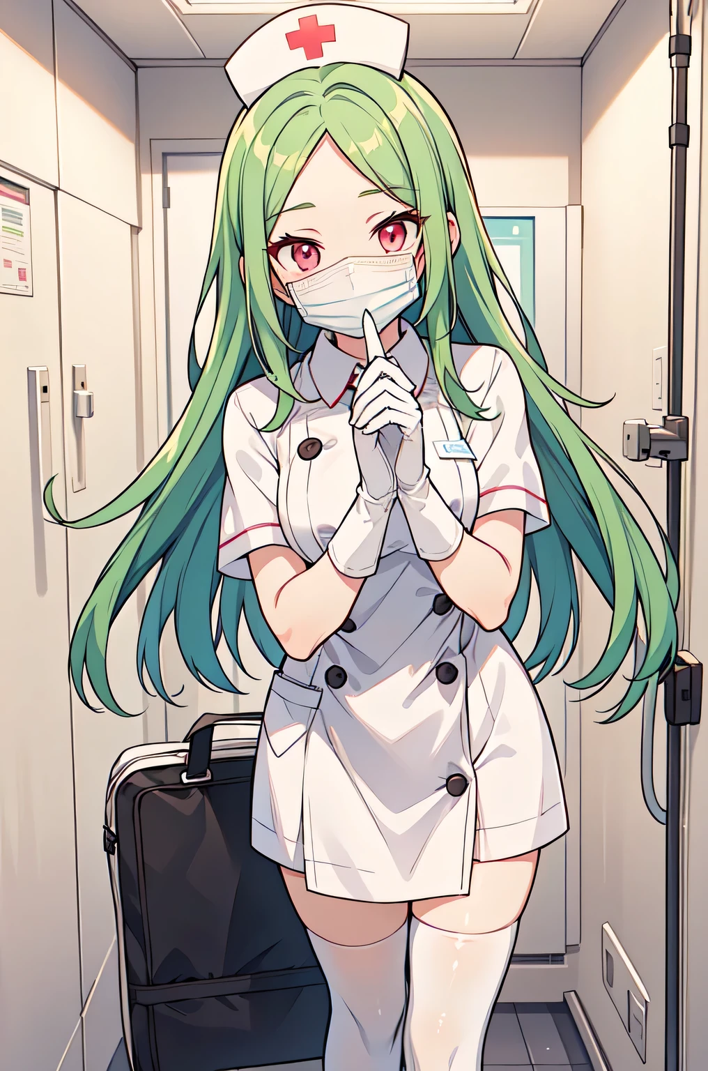 1woman, solo, nurse, white nurse cap, white nurse uniform, ((white legwear, zettai ryouiki)), white gloves, forehead, long hair, green hair, pink eyes, ((white surgical mask, covered nose)), standing, ((hospital room)), sharp outline, short sleeves, mature female, 35 years old, best quality, masterpiece