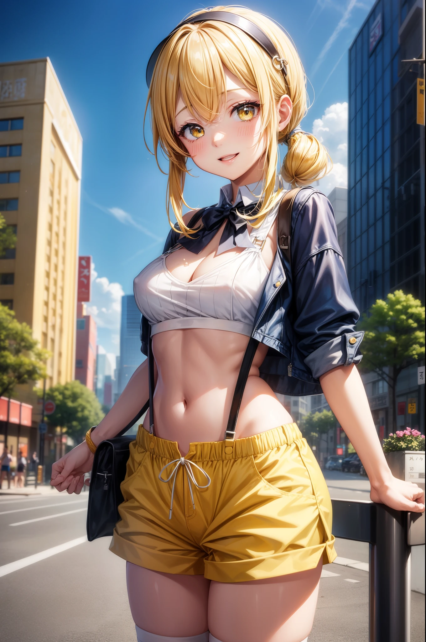 (masterpiece、highest quality、detailed)、1 girl、solo、Cowboy Shots、Outdoor、Street、smile、Parted lips、Arms behind back、Faye Valentine、Yellow hair band、Yellow shorts、Thigh-high socks、suspenders、abdomen、Yellow crop top、Open clothes、Open shirt、Nipple slip、、(detailedな緑色の目)
Expressiveh、Akaburstyle、by meesh、