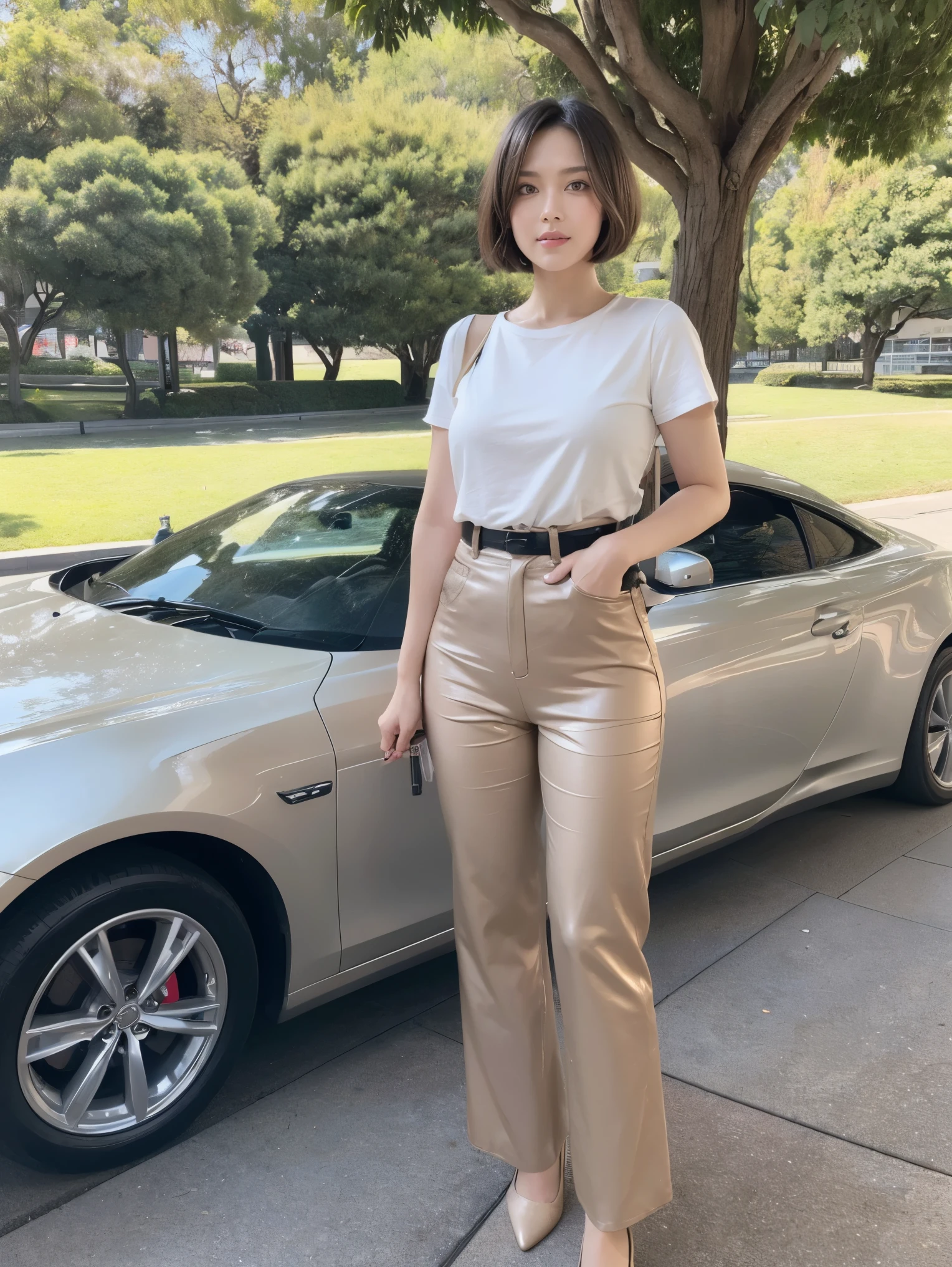 (Tabletop,high quality,16k:1.1),(Written boundary depth:1.3) ,((Front body:1.35)), Japanese ,2Women, Landmine Makeup ,Embrace each other,Short black hair,Bob Hair、 (Beige short sleeve U-neck)、(Black leather pants)、 (((tight))), (Standard body shape)、(c cup breasts), Sensual, Curvy,(View your audience:1.3),(Full Body Shot:1.2),(Hibiya Park:1.2),(daytime parking),(Beautiful view of Tokyo, Japan:1.2)