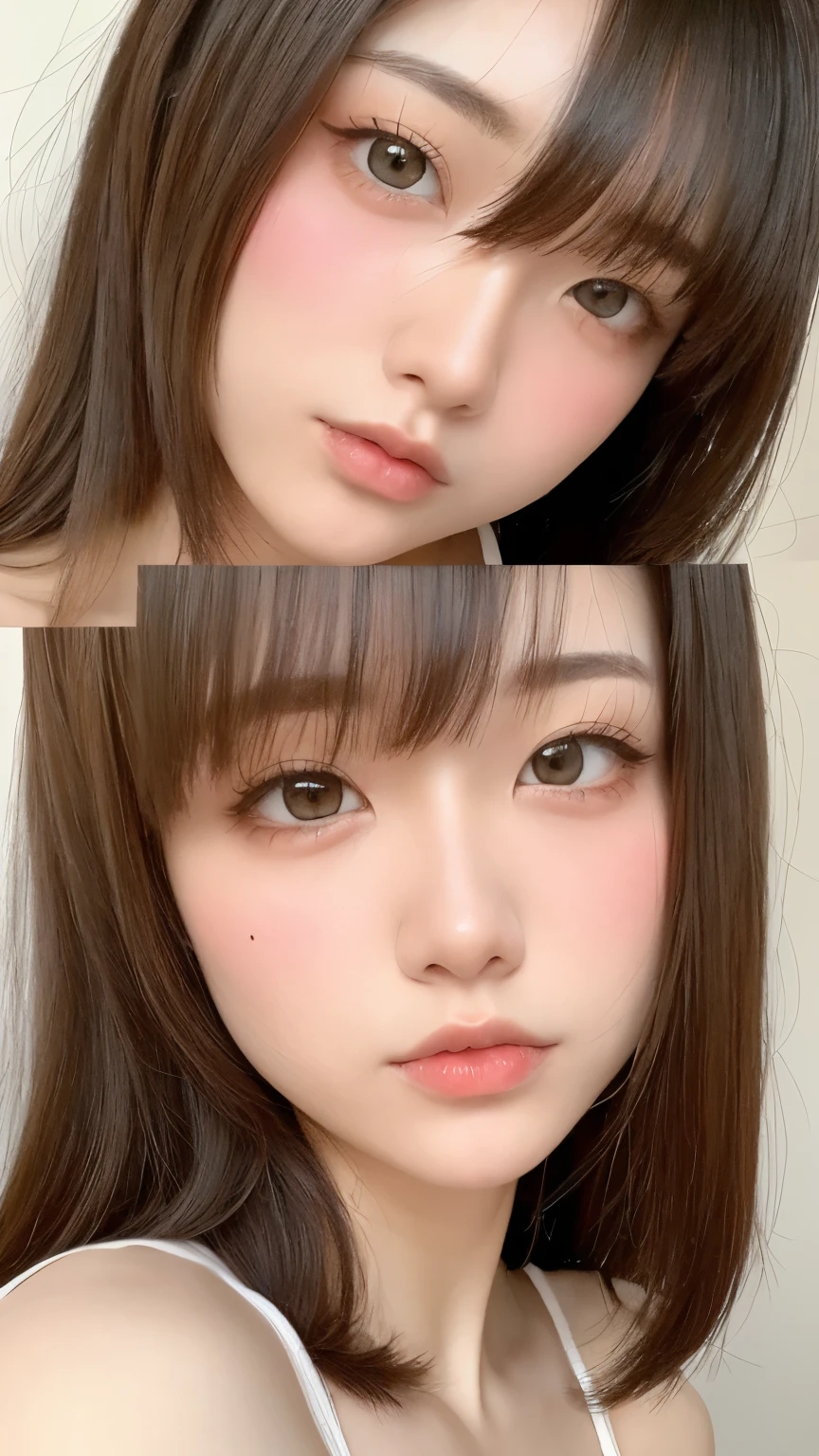 see through，Beautiful and fair、Radiant Skin, 3 Up, Gorgeous, bright, Refreshing and gentle expression, Perfect beautiful face、Beautiful shiny bangs, A very beautiful 17 year old girl, Eyeliner, Very perfect eyes，Very large breasts，Grooves reveal original skin，Muscular body，Light Khaki Lace Underwear，
