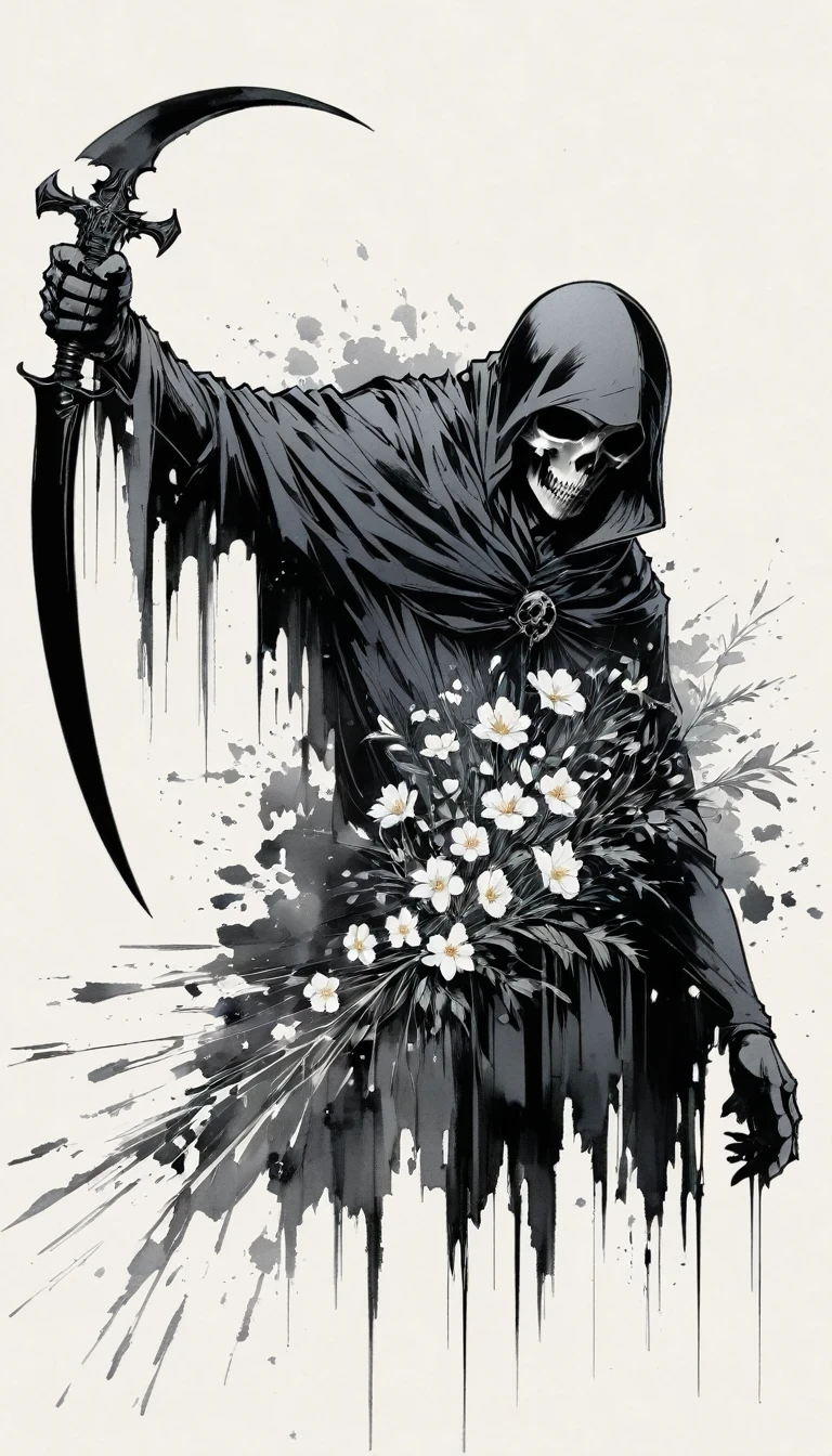 (Anime line drawing:1.5),grim Reaper,(Black and White:1.45),Minimalism,(Line Art:1.6),sketch,charcoal drawing,Black Grim Reaper,flower,Ominous Red,Blood splatter