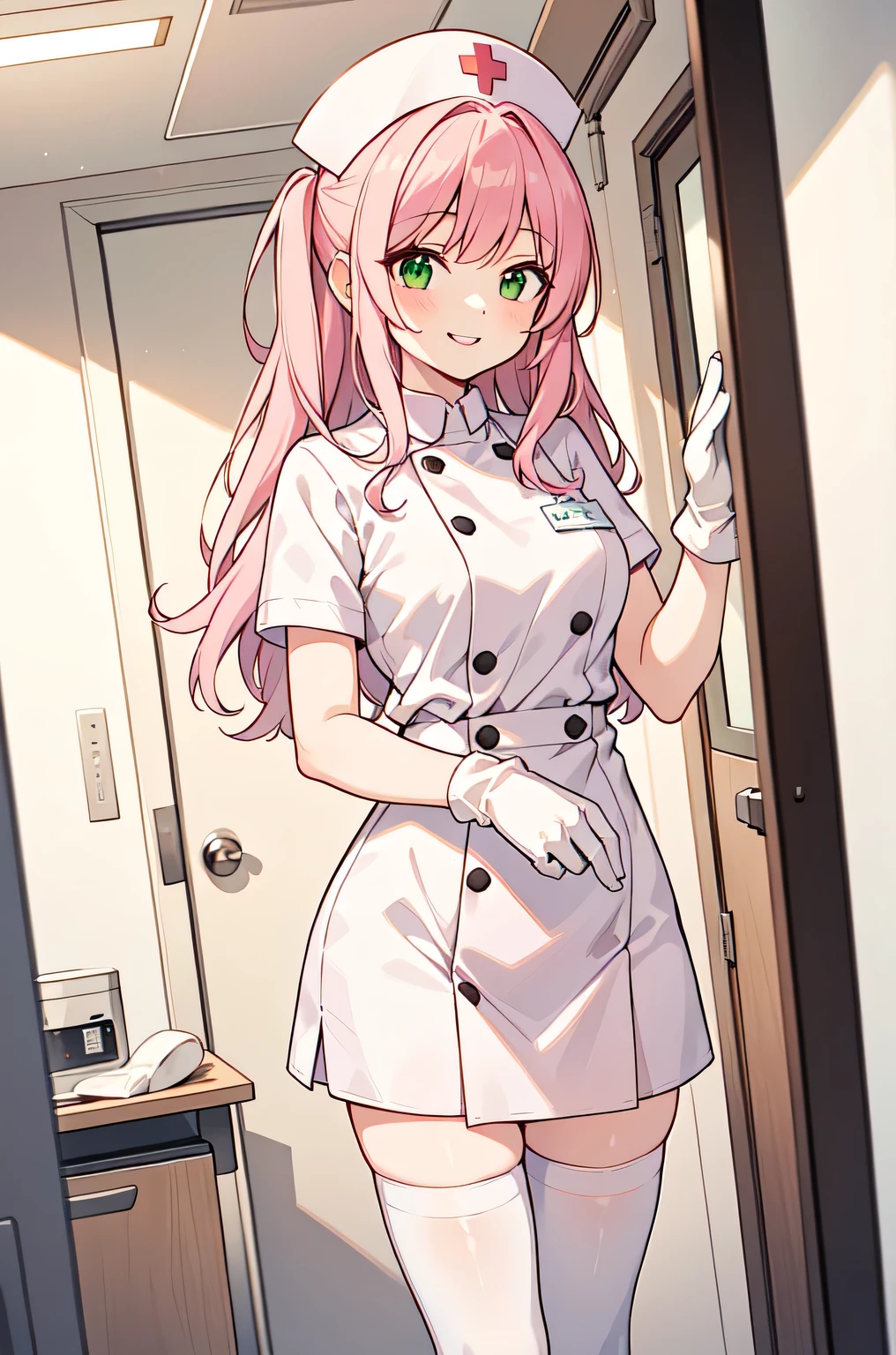 1woman, solo, nurse, white nurse cap, white nurse uniform, ((white legwear, zettai ryouiki)), white gloves, pink hair, green eyes, drooping eyes, pink lips, smile, standing, ((hospital room)), sharp outline, short sleeves, mature female, 32 years old, best quality, masterpiece