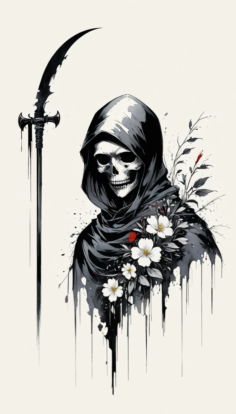 (Anime line drawing:1.5),grim Reaper,(Black and White:1.45),Minimalism,(Line Art:1.6),sketch,charcoal drawing,Black Grim Reaper,flower,Ominous Red,Blood splatter