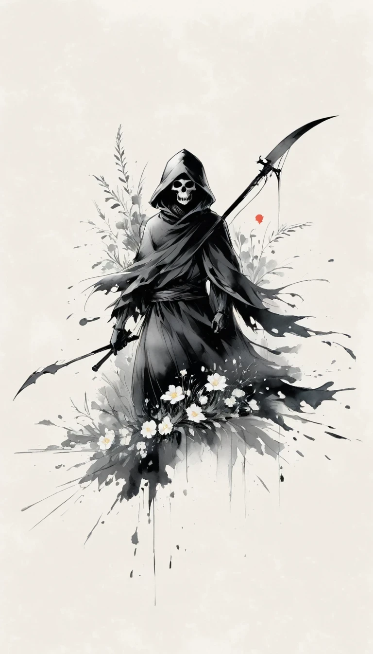 (Anime line drawing:1.5),grim Reaper,(Black and White:1.45),Minimalism,(Line Art:1.6),sketch,charcoal drawing,Black Grim Reaper,flower,Ominous Red,Blood splatter