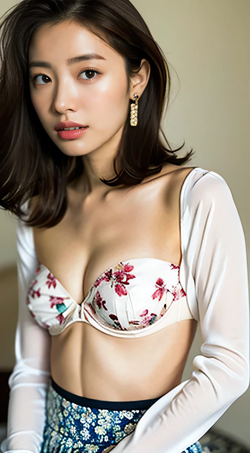 (Plain white satin long sleeve T-shirt, Floral Print Skirt, No bra, Show beautiful thighs:1.5),
((I want to kiss you?, I want to fuck you?, cheat with me?:1.2)),
((Can you kiss my neck??, Can you touch my nipples??:1.2)),
((Come closer to me, Are you excited by my body??, Touch my breasts, I like you:1.2)),
((Sexy atmosphere, hold out your lips, Disheveled Hair, A sigh escapes)),
((Luxury Resort Hotel, Push her down on the bed and make love, Caress the breasts, Take off your clothes, Take off your panties, Complete darkness, lamp:1.4)),
((20-year-old, Shiho Sada, Elegant beautiful female announcer:1.5)),
((Earrings that match your outfit, Silver Necklace:1.2)),
((Pink nipples, Small areola, Manicured pubic hair)),
((Tilt your face slightly)),
((Squint your eyes)),
((purse your lips:1.2)),
((Blushing:1.2)),
((Small breasts,Flat Chest:1.2)),
Narrow shoulders, the lines of the body are thin, Thin waist, Long, slender legs,
Ultra-detailed skin, Glossy Skin, White skin, Ultra detailed face, Ultra detailed breasts,
Ultra-detailed eyes, Slit eyes, Brown eyes, double eyelid, Beautiful thin eyebrows, Thin, long eyelashes,
Ultra-detailed lips, Fuller lips, Glossy pink lips, Flushed Cheeks, White teeth,
Beautiful actress's languid make-up, Pink lipstick, Smoky eyeshadow, Eye foundation,
Dark Brown Hair, Delicate and soft hair, Hair blowing in the wind,
(Elegantly putting your hair up, short hair, Layered:1.2),