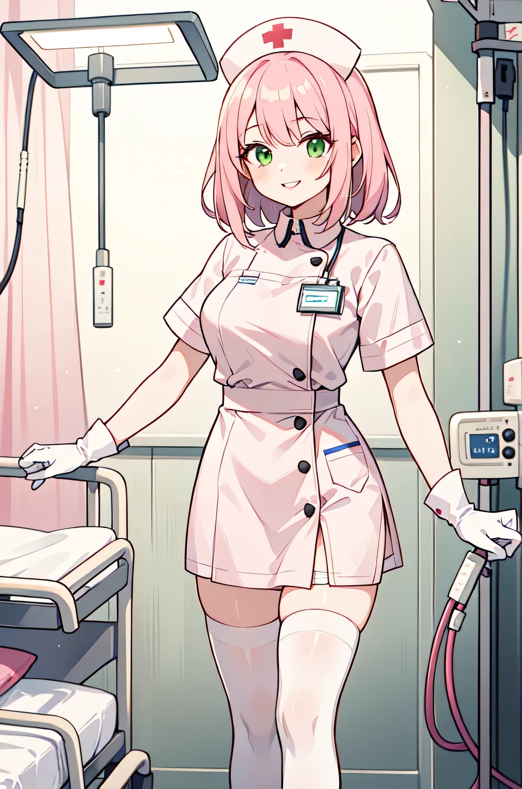 1woman, solo, nurse, white nurse cap, white nurse uniform, ((white legwear, zettai ryouiki)), white gloves, pink hair, green eyes, drooping eyes, pink lips, smile, standing, ((hospital room)), sharp outline, short sleeves, mature female, 32 years old, best quality, masterpiece