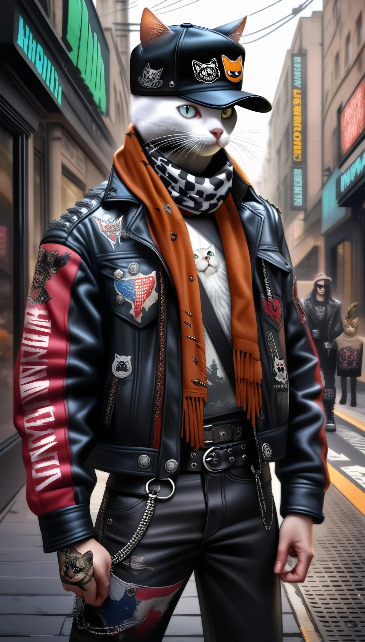 Cat with hat and scarf, Art Station Trends, Punk clothing, Detailed ultra-realistic rendering, British gang members, Street Style, intimidating pose, Planet of Cats, Trendy clothes, Urban Samurai, meow, West Slavic traits, 8 1 5,
