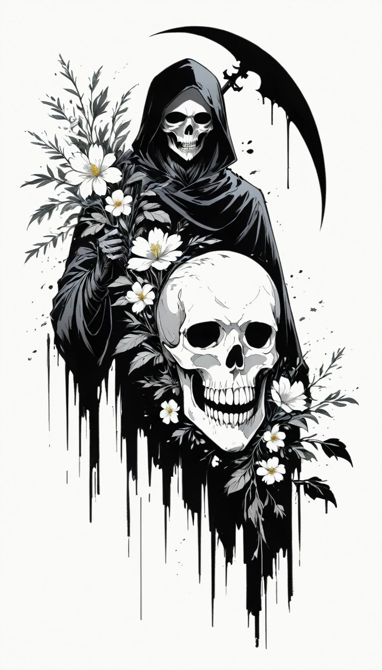 (Anime line drawing:1.5),grim Reaper,(Black and White:1.45),Minimalism,(Line Art:1.6),sketch,charcoal drawing,Black Grim Reaper,flower,Ominous Red,Blood splatter