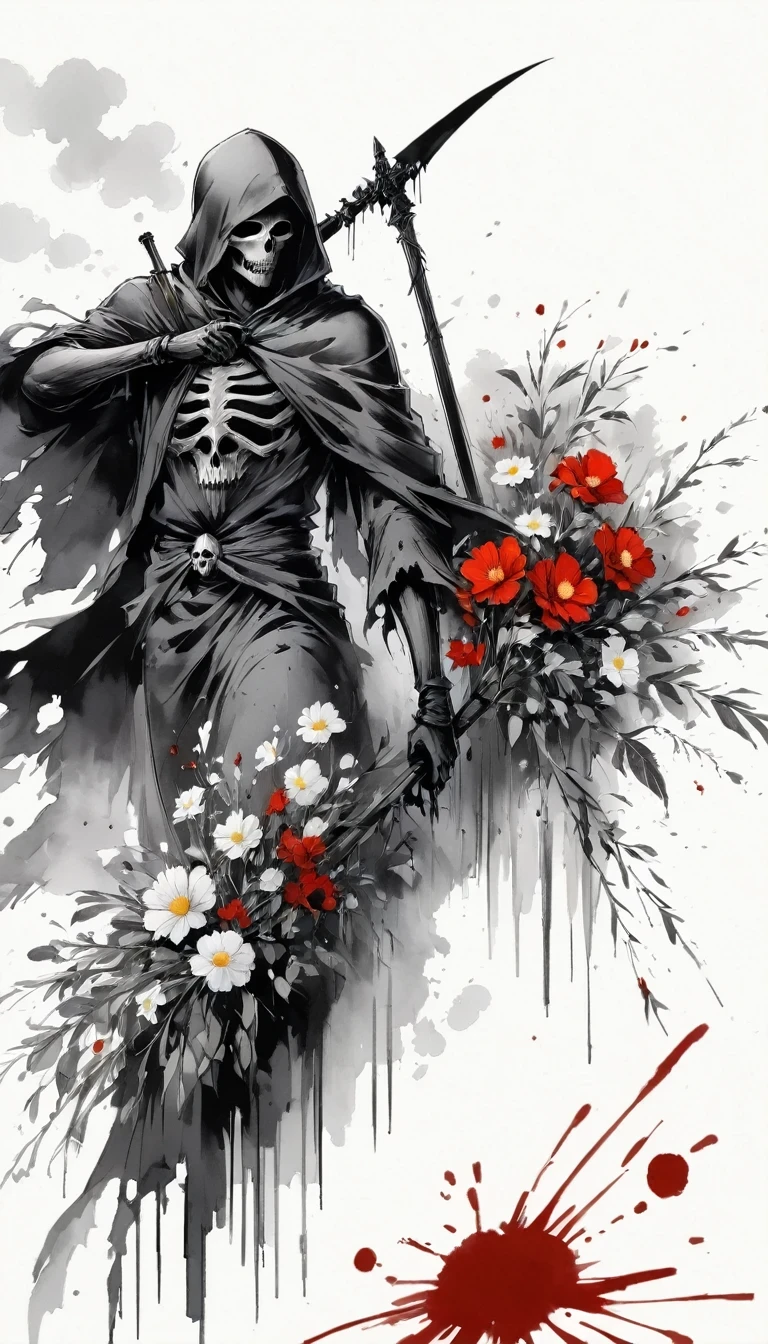 (Anime line drawing:1.5),grim Reaper,(Black and White:1.45),Minimalism,(Line Art:1.6),sketch,charcoal drawing,Black Grim Reaper,flower,Ominous Red,Blood splatter