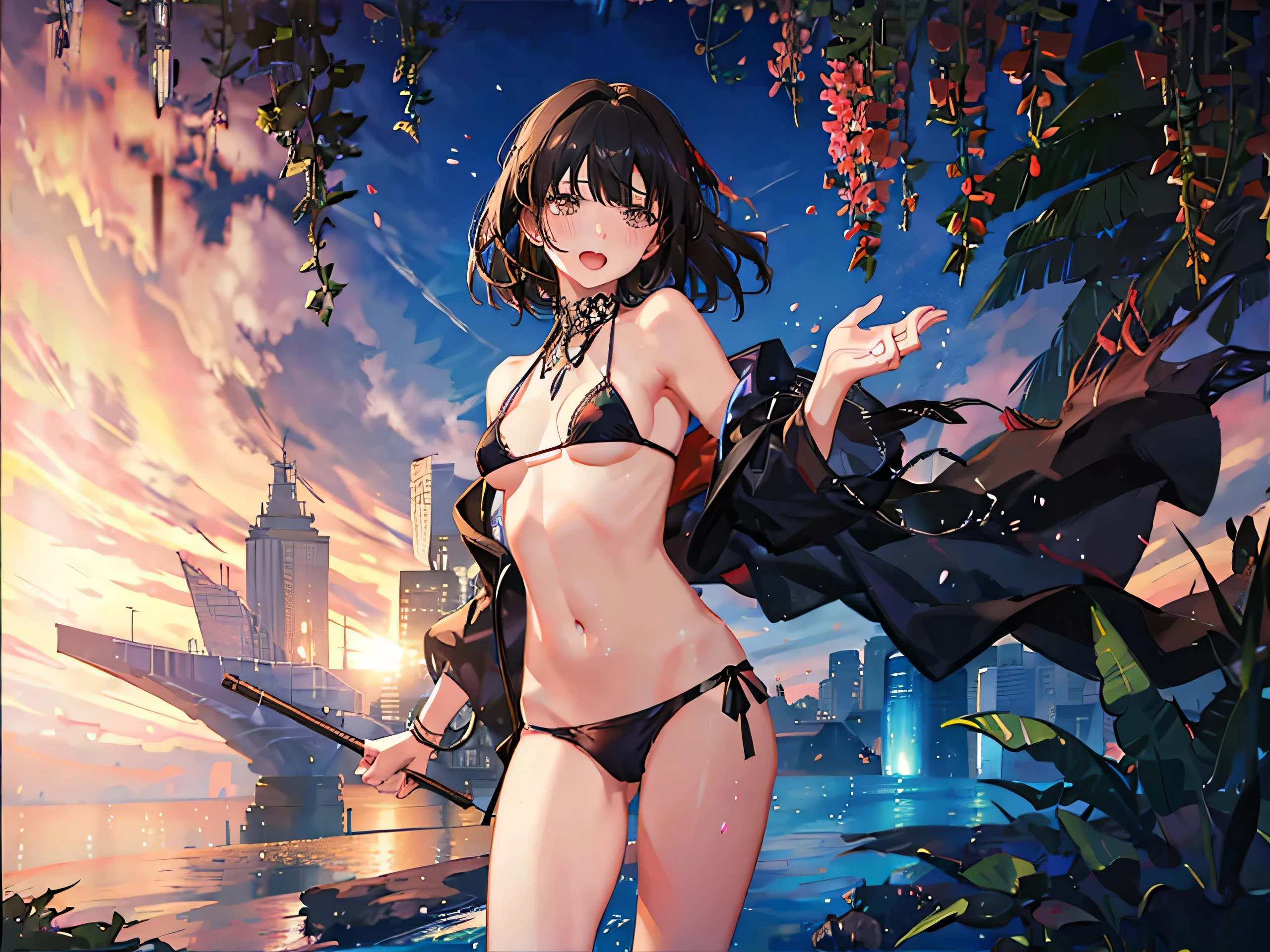 (highest quality, masterpiece), One girl, Intricate details, Beautifully detailed face, (Tiny Micro Bikini:1.2), See through, View Viewer, Night Pool, blush, Open your mouth, Black Hair, Medium Hair, Blunt bangs, Happy, Are standing, Cowboy Shot,