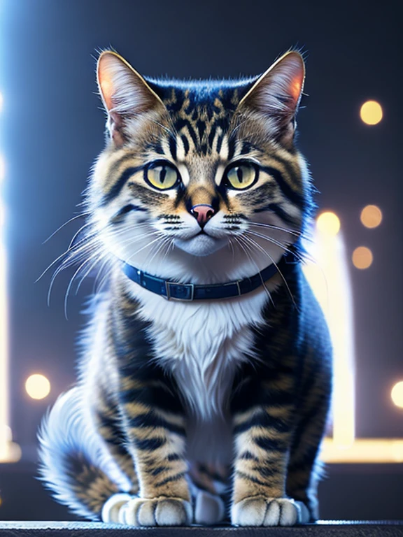 A cute wild cat with white fur stands on his hind legs in leather pants and a vest, realistic fantasy  , full length, в лесу Cinematic, 8K, HDR, ((complex parts, Hyper detailed)), (with backlight:1.3), (Cinematic:1.3), (art station:1.3)