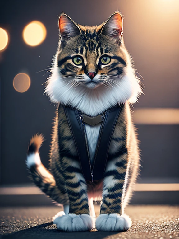 A cute wild cat with white fur stands on his hind legs in leather pants and a vest, realistic fantasy  , full length, в лесу Cinematic, 8K, HDR, ((complex parts, Hyper detailed)), (with backlight:1.3), (Cinematic:1.3), (art station:1.3)