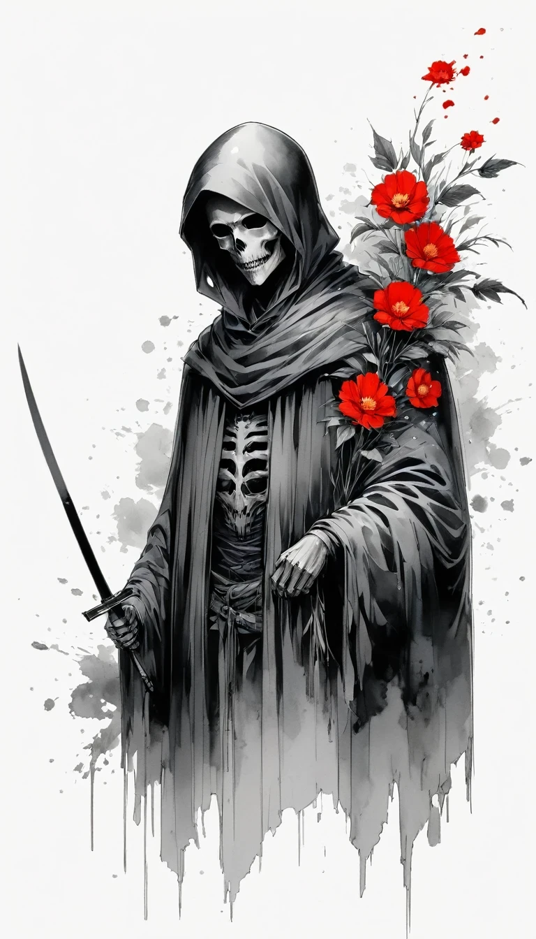 (Anime line drawing:1.5),grim Reaper,(Black and White:1.45),Minimalism,(Line Art:1.6),sketch,charcoal drawing,Black Grim Reaper,flower,Ominous Red,Blood splatter