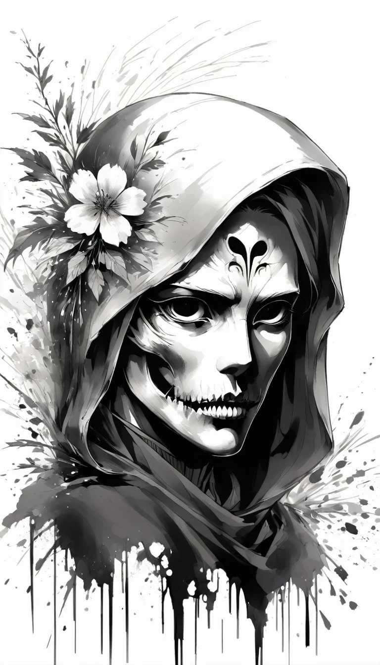 (Anime line drawing:1.5),grim Reaper,(Black and White:1.45),Minimalism,(Line Art:1.6),sketch,charcoal drawing,Black Grim Reaper,flower,Ominous Red,Blood splatter