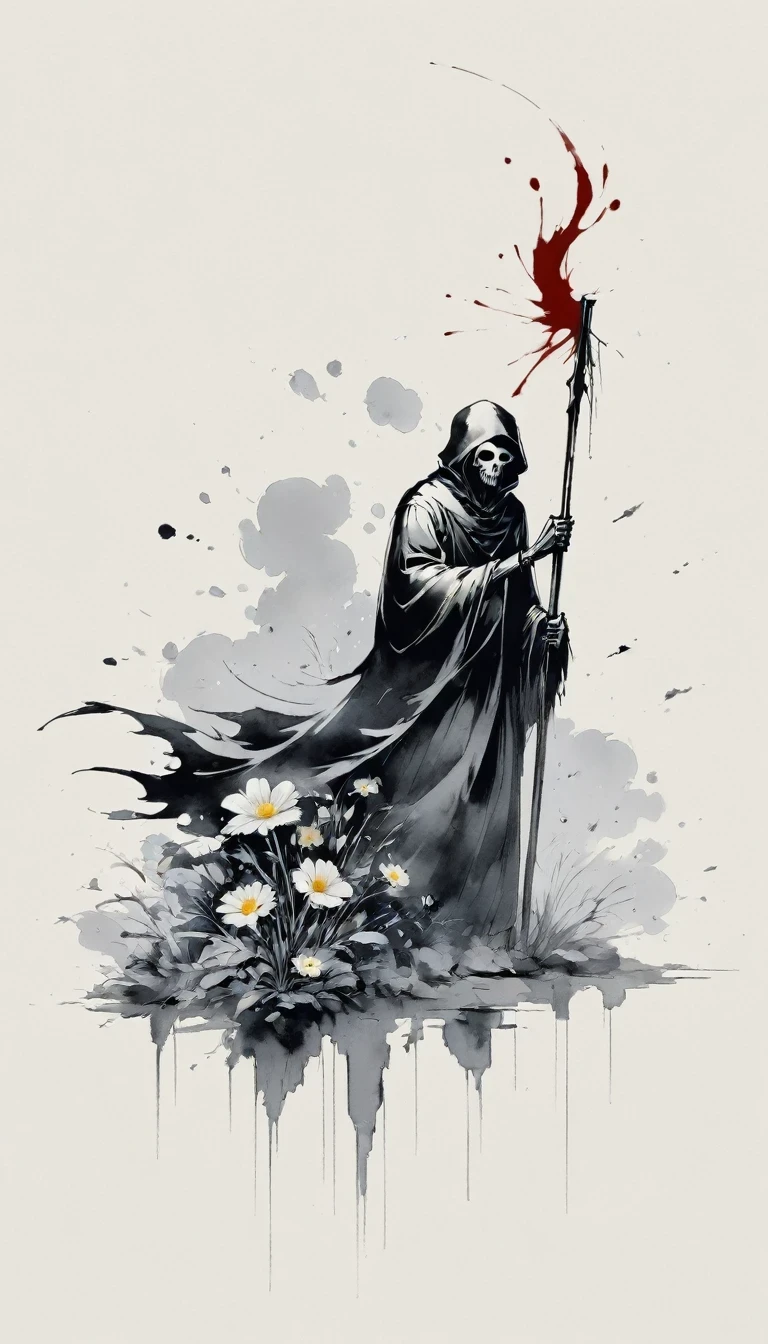 (Anime line drawing:1.5),grim Reaper,(Black and White:1.45),Minimalism,(Line Art:1.6),sketch,charcoal drawing,Black Grim Reaper,flower,Ominous Red,Blood splatter