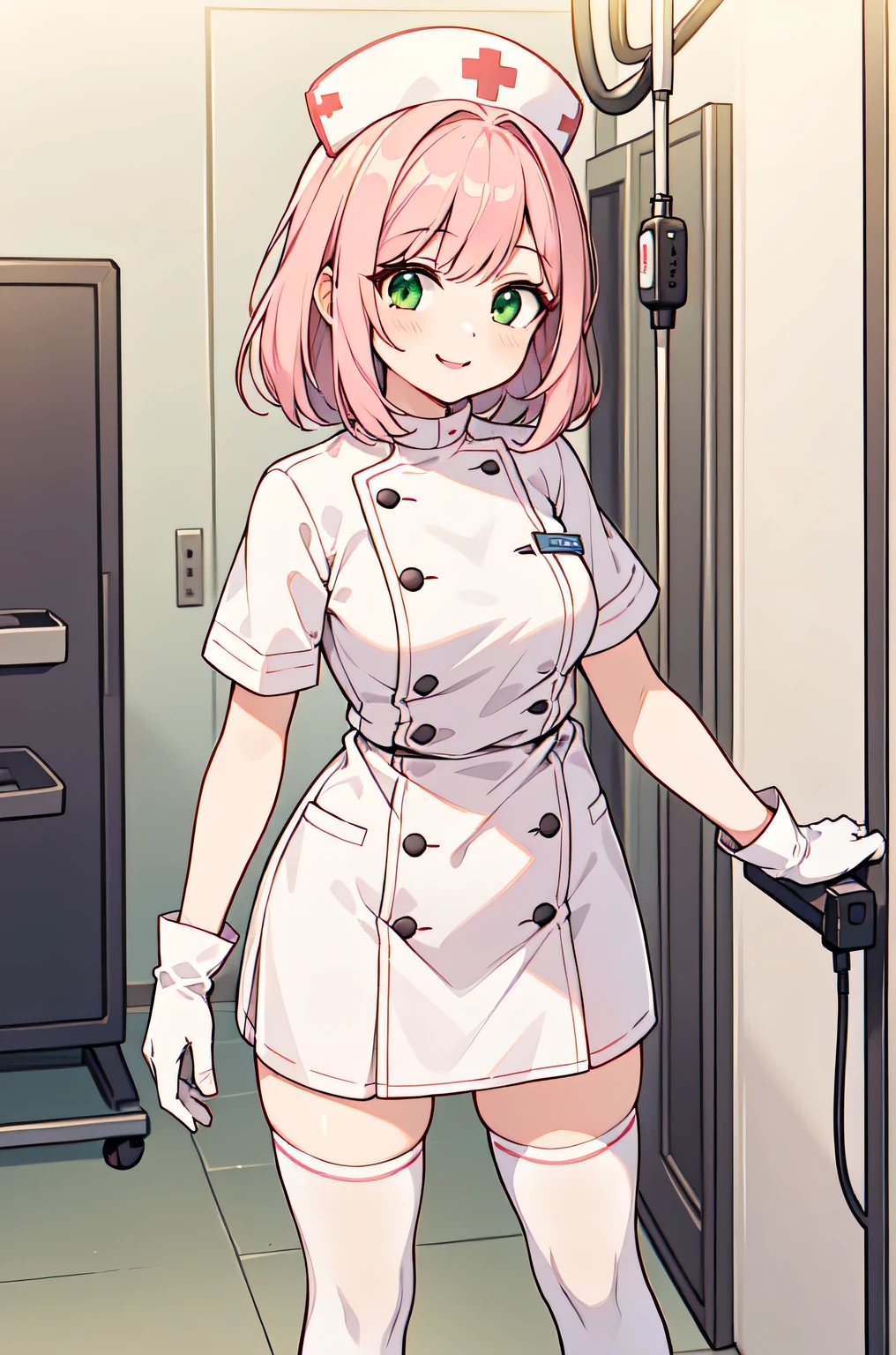 1woman, solo, nurse, white nurse cap, white nurse uniform, ((white legwear, zettai ryouiki)), white gloves, pink hair, green eyes, drooping eyes, pink lips, smile, standing, ((hospital room)), sharp outline, short sleeves, mature female, 32 years old, best quality, masterpiece