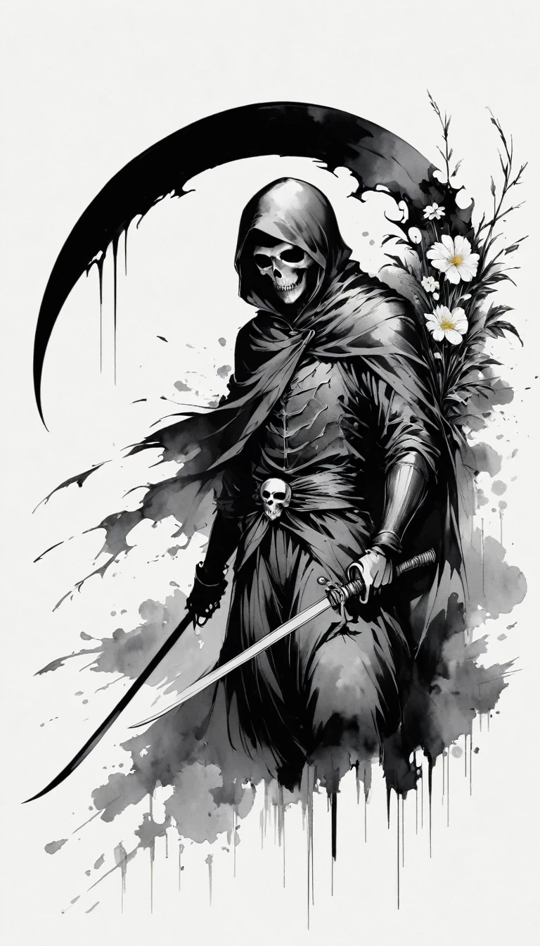 (Anime line drawing:1.5)，grim Reaper，(Black and White:1.45)，Minimalism，(Line Art:1.6)，sketch，charcoal drawing，Black Grim Reaper，flower，Ominous Red，Blood splatter