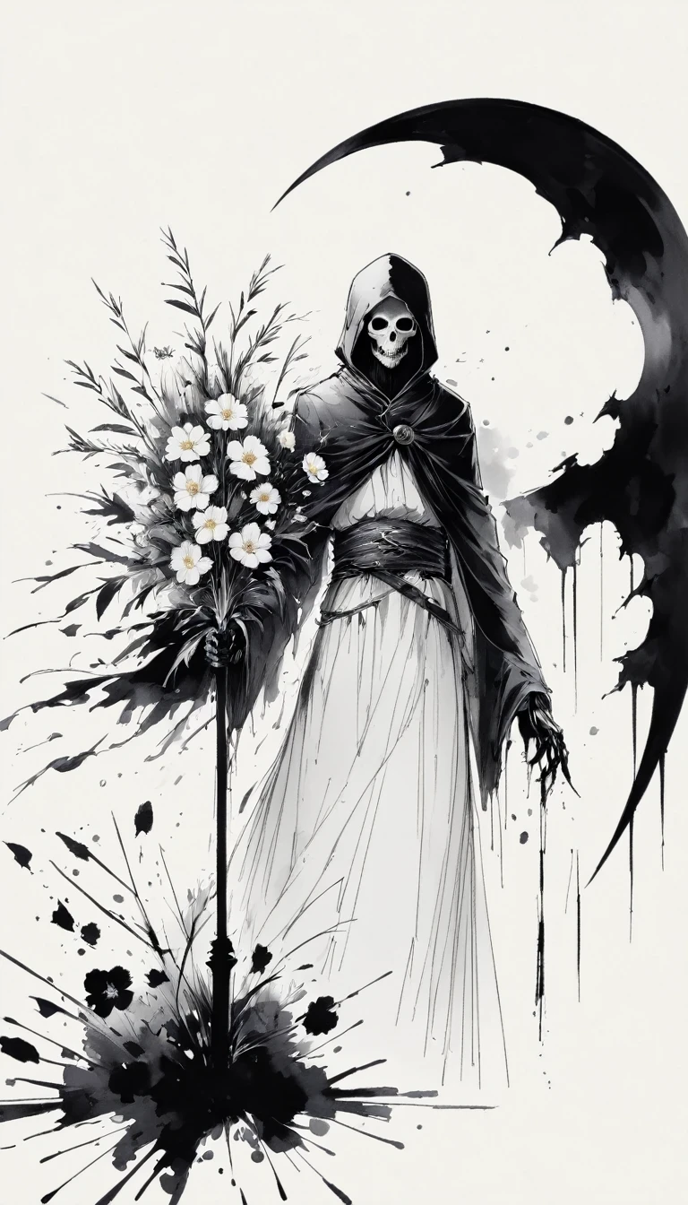 (Anime line drawing:1.5)，grim Reaper，(Black and White:1.45)，Minimalism，(Line Art:1.6)，sketch，charcoal drawing，Black Grim Reaper，flower，Ominous Red，Blood splatter
