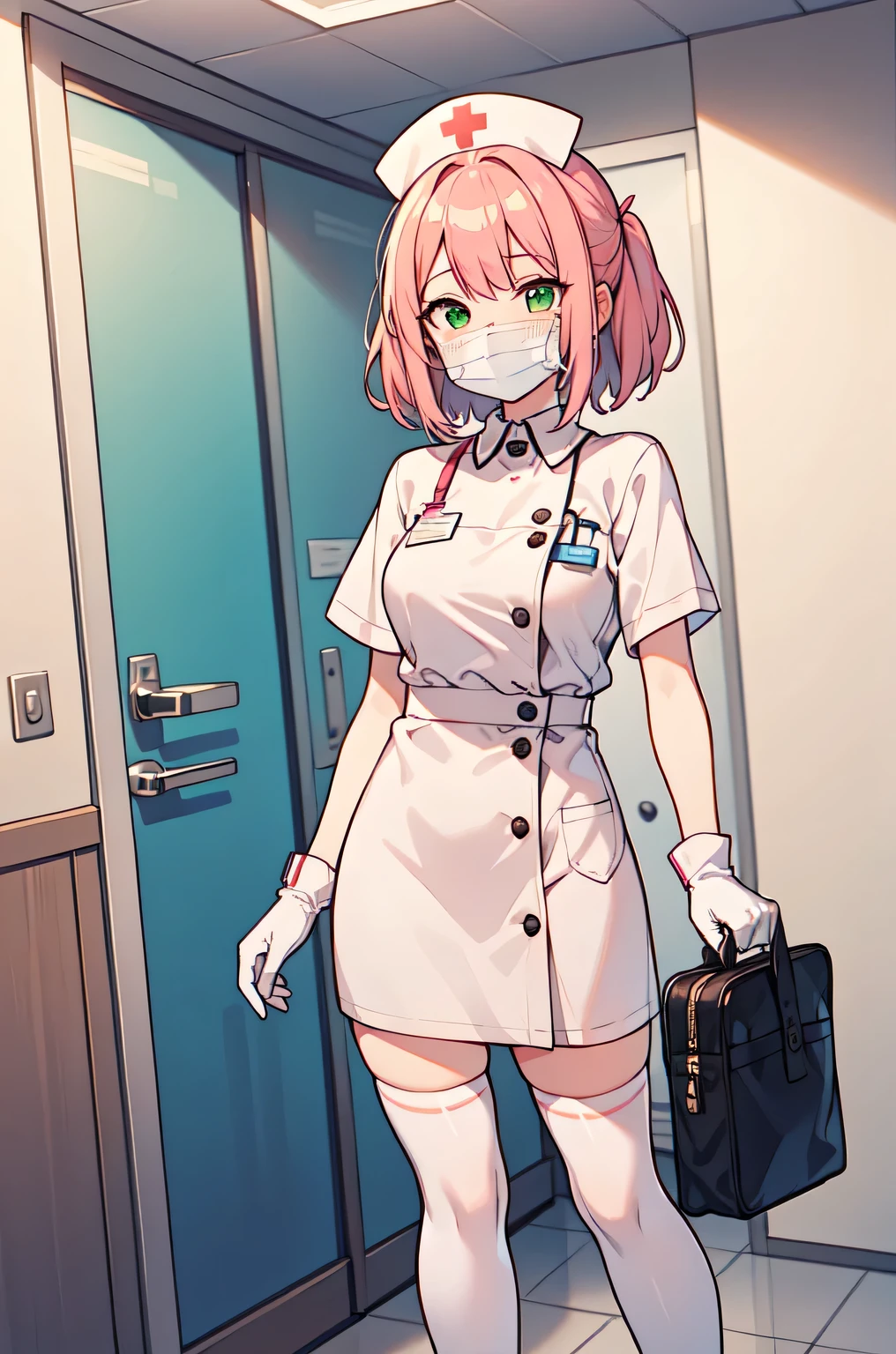 1woman, solo, nurse, white nurse cap, white nurse uniform, ((white legwear, zettai ryouiki)), white gloves, pink hair, green eyes, drooping eyes, ((white surgical mask, covered nose)), standing, ((hospital room)), sharp outline, short sleeves, mature female, 32 years old, best quality, masterpiece