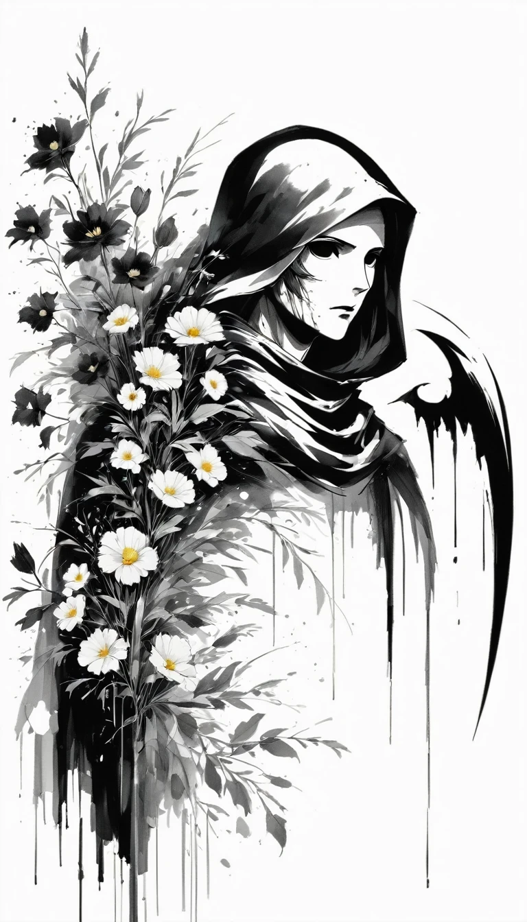 (Anime line drawing:1.5)，grim Reaper，(Black and White:1.45)，Minimalism，(Line Art:1.6)，sketch，charcoal drawing，Black Grim Reaper，flower，Ominous Red，Blood splatter