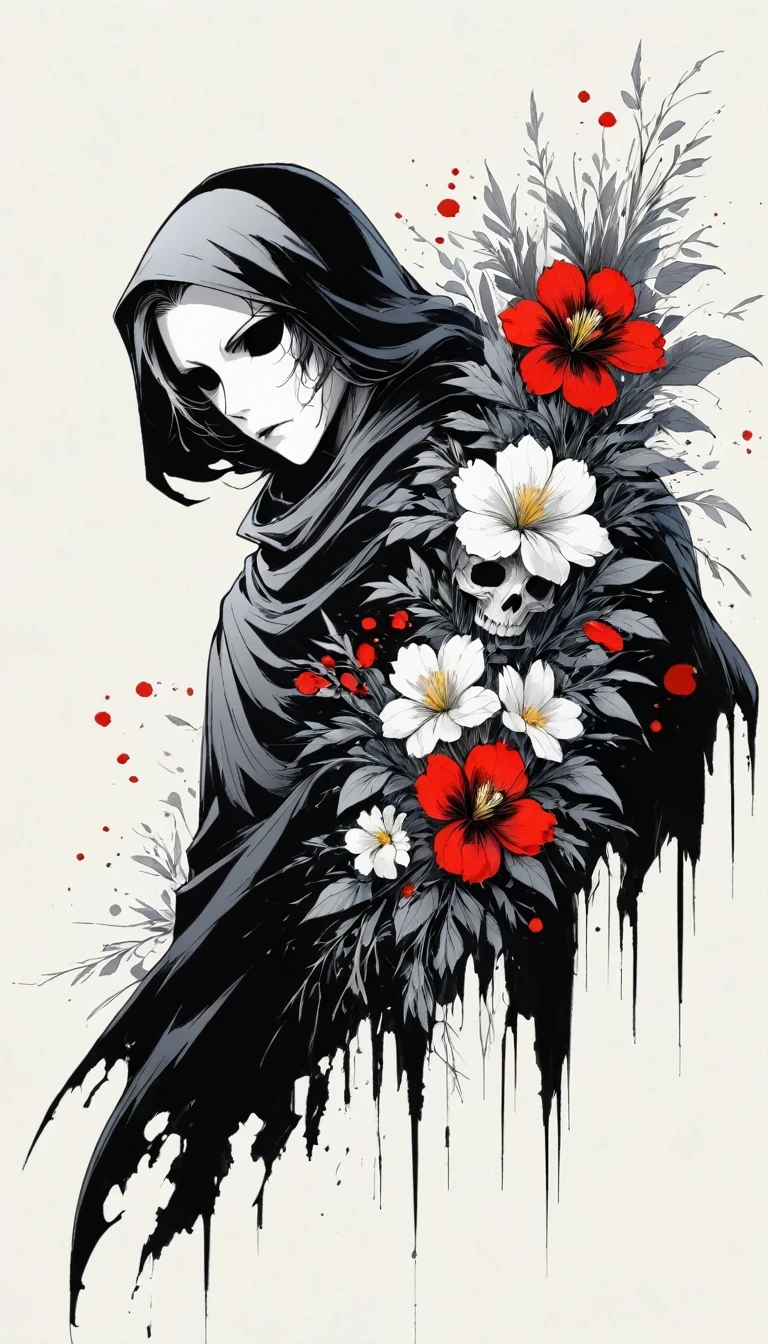 (Anime line drawing:1.5),grim Reaper,(Black and White:1.45),Minimalism,(Line Art:1.6),sketch,charcoal drawing,Black Grim Reaper,flower,Ominous Red,Blood splatter