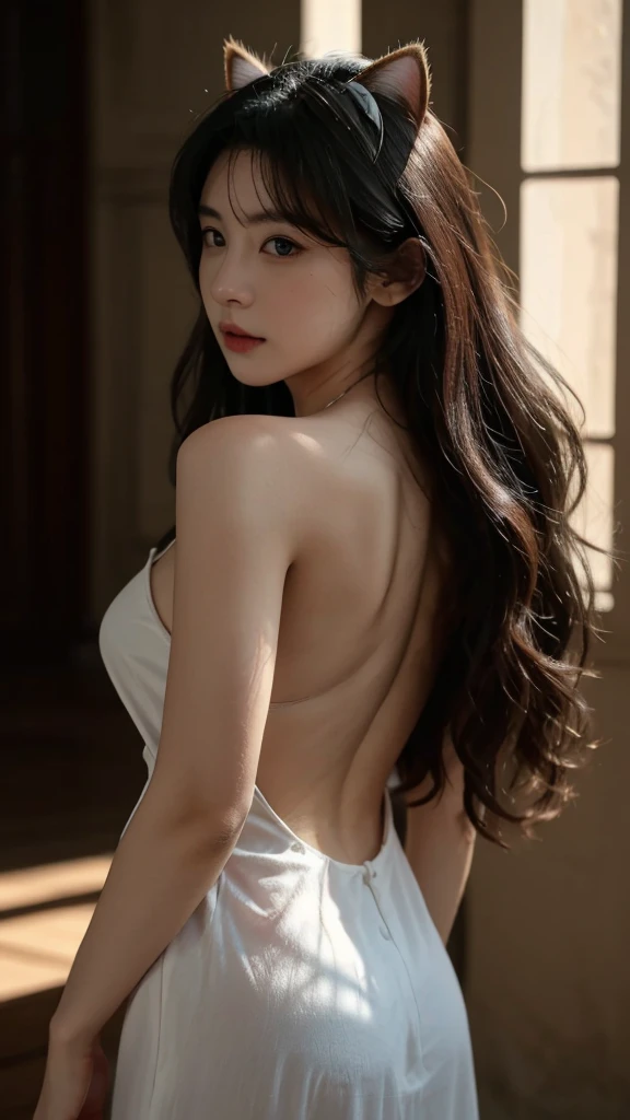 Best quality,masterpiece,Ultra-high resolution,RAW photos, Cat ears,cute,In the light,deep shadow,Low profile,Cold Light,sexy look,Long hair,((best quality: 1.5)) ((masterpiece: 0.8)), Intricate details, Clear focus, professional, real life, Real facial expression, Dynamic poses, Back, ((([Back])))),Wear a dress,((([Medium breasts:0.8])))),Full body tattoo