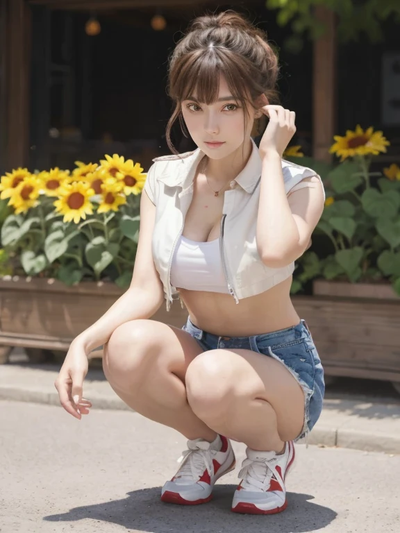 A 22 y.o girl, eyes looking at the camera, wearing an brown thight leather jacket with a tight white inner shirt revealing her chest area, plump breast, wearing torn denim shorts, white and red sports shoes, brown updo hair, very beautiful, perfect face, perfect eyes, perfect fingers, perfect thighs. squat position, garden, sunflowers, sunny day