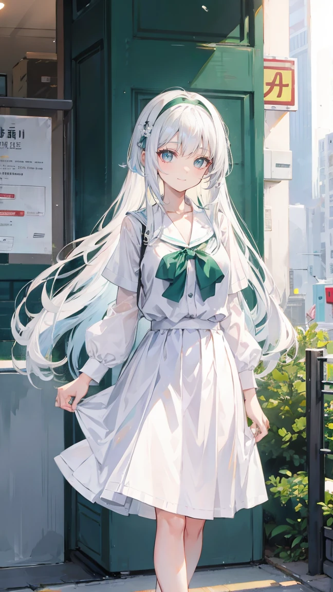 white hair,long hair,Bangs,Bangs整齐,Green hairband,Gray eyes,girl,Lovely,Smiling expression,Happy and happy expression,White shirt,skirt,Standing on the ground,whole body,Don't show your arms,Background is a clothing store