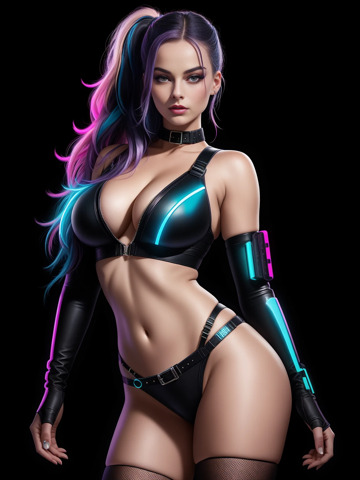 there is Margot Robbie, navy blue and bright purple neon streaked hair, hair in pony tail, 3 d neon art of a womans body, neon-noir background, cyberpunk femme fatale, seductive cyberpunk dark fantasy, cyberpunk strip clubs, cyberpunk 20 y. o model girl, oppai cyberpunk, banner, high definition cgsociety, cgsociety masterpiece, trending on cgstation, kda, random hair, looking at camera, gigantic breasts, cleavage, (high detailed skin:1.2), 8k uhd, dslr, super lighting, high quality, film grain, high res, highly detailed, hyper realistic, beautiful face, beautiful body, beautiful eyes nose lips, alluring expression, very bold, upper visible, full body photo, standing legs apart, pale translucent glowing skin, most beautiful face, cute, (well defined pubic hair:1.2)), (dark plain black background:1.4))